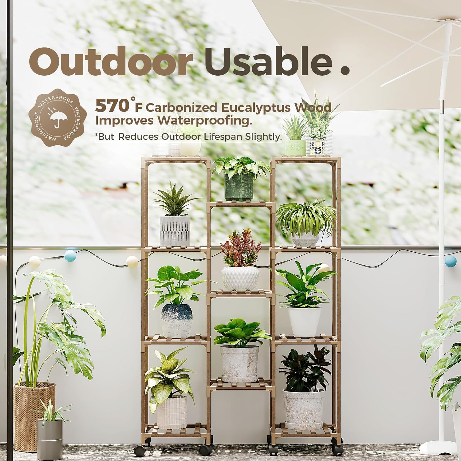Bamworld Plant Stand With Wheels Indoor Outdoor Wood Plants Shelf for Multiple Plants 11 Pots,Tall Large Flower Holder