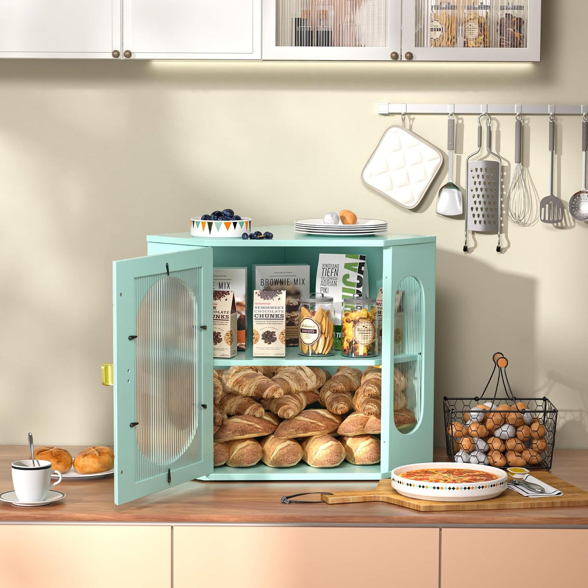 Corner Bread Box for Kitchen Countertop, Large Wooden Bread Box, Double Layer Bread Storage Bin, Bamboo Breadbox for