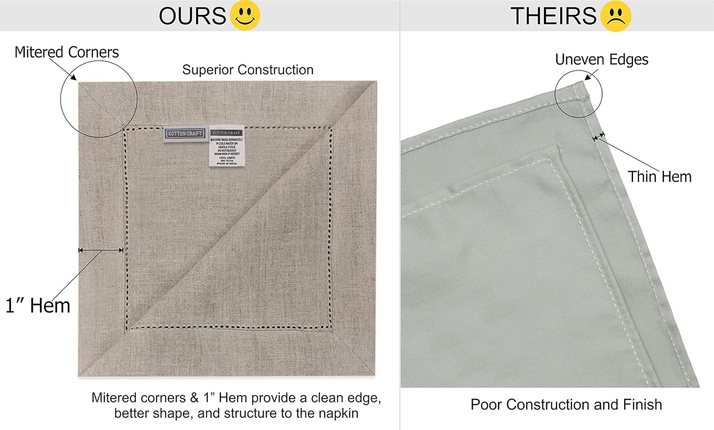 COTTON CRAFT Genuine Pure Linen Napkins - Set of 12 Hemstitch Cloth Napkins | Large 18x18 Natural Hand-Crafted Pure