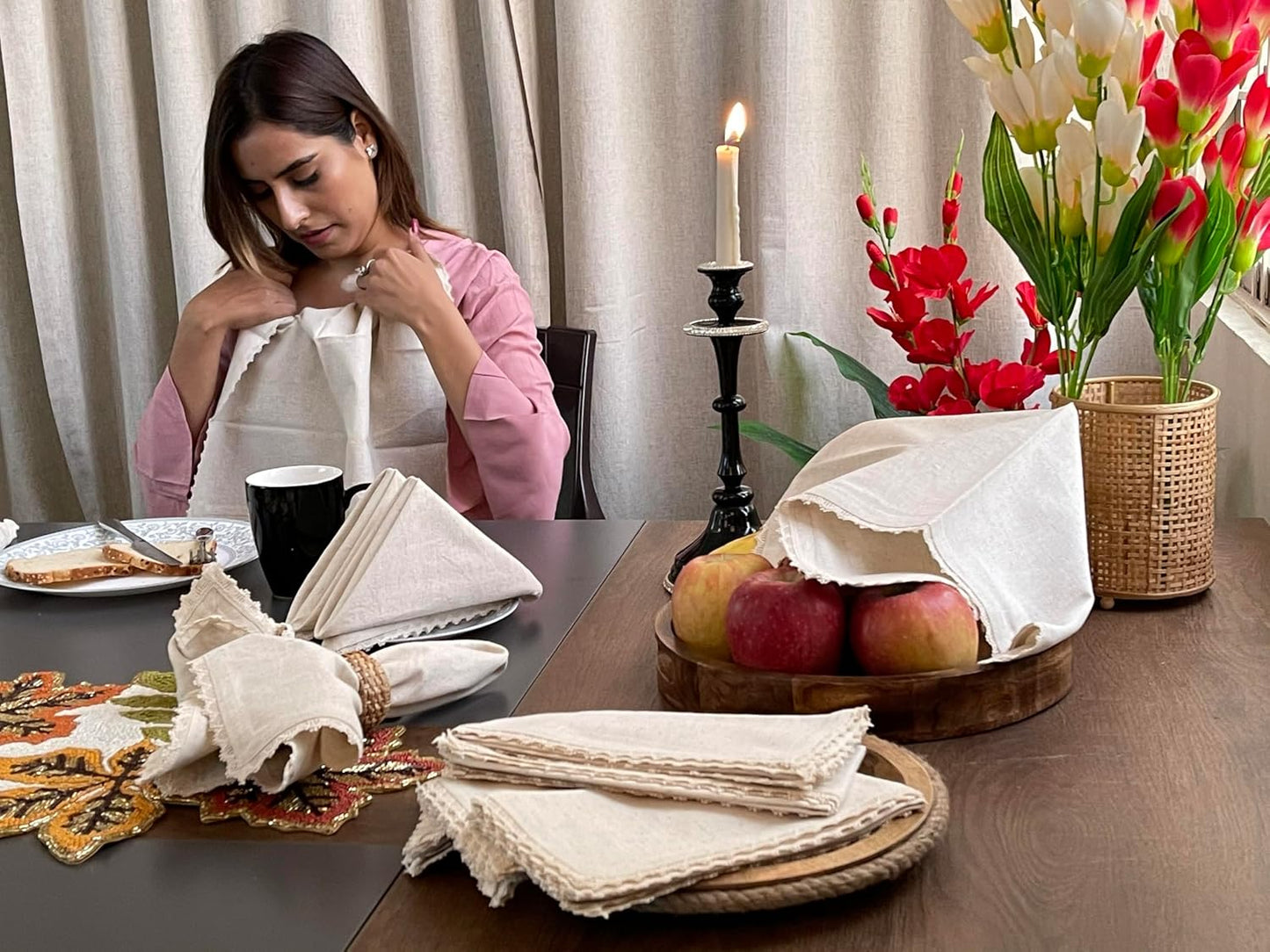 Bedding Craft Linen Cloth Napkins with Lace, 18x18, Set of 12 | Flax cotton blend, lace trim, mitered corners, machine