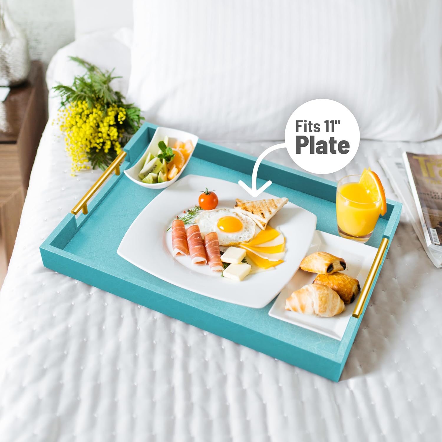 Wood Serving Tray / Blue / 17 x 12 x 1.8
