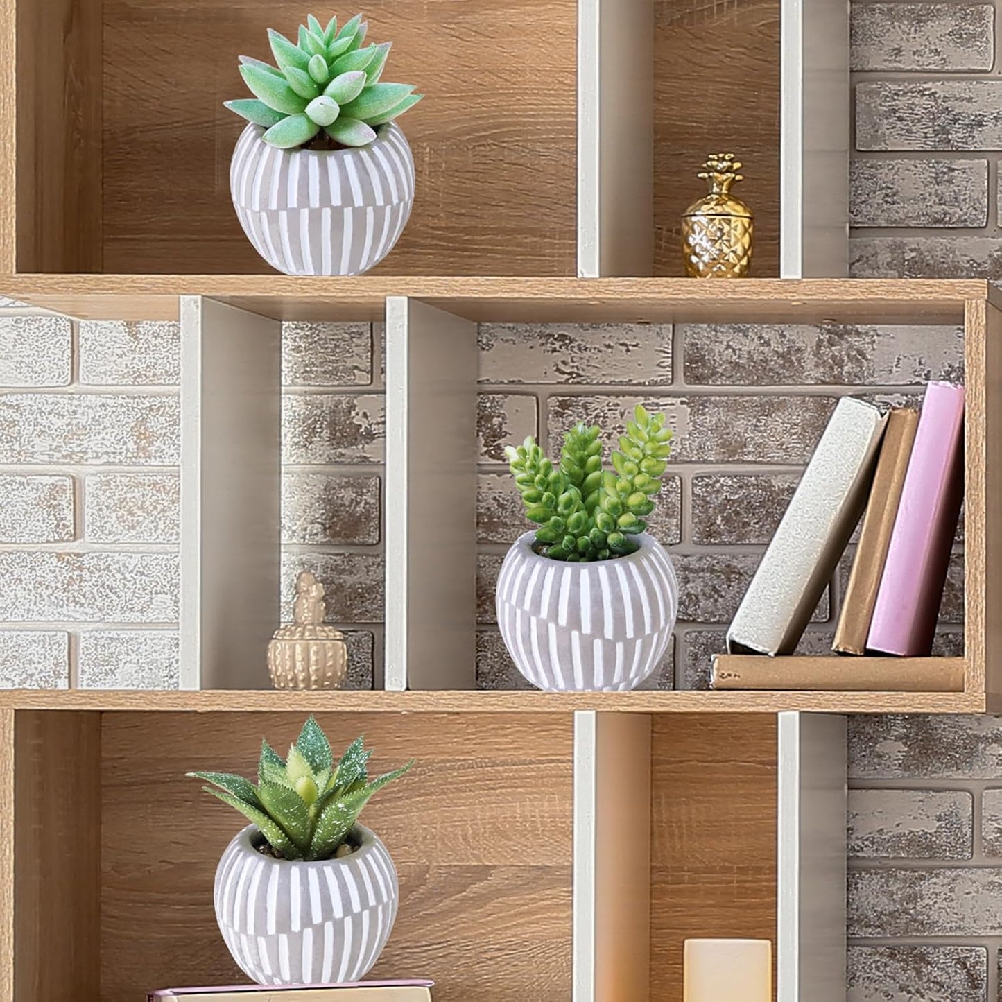 Artificial Succulents Plants in Mini Gray and White Geometric Cement Pots / Gray Pots / Set of 3