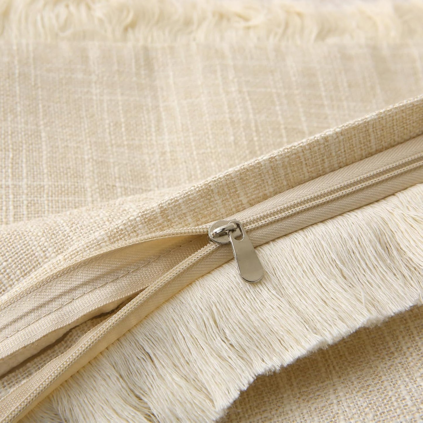 Natural Boho Burlap Fringe Decorative Throw Pillow Covers Rectangle / Beige / 20 x 12 / Set of 2