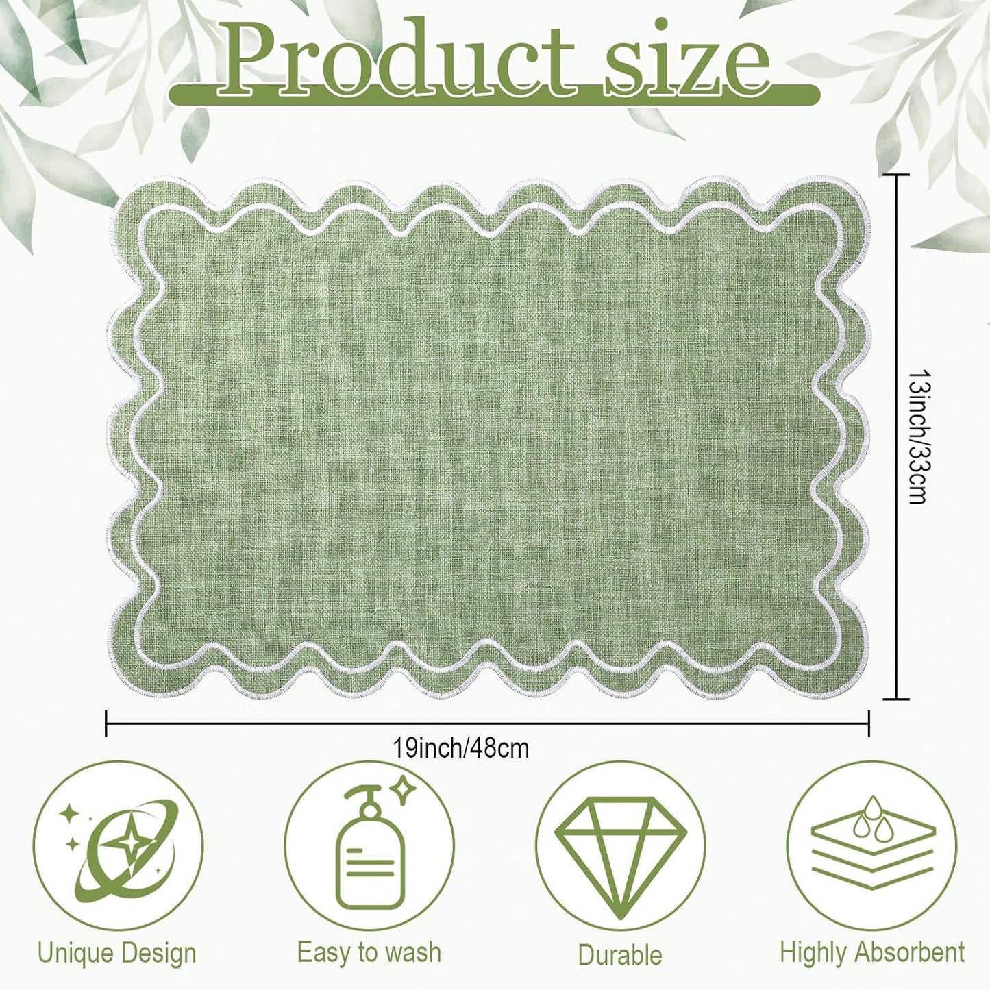HunnmingRe Sage Green with White Set of 6 Cotton Linen Wedding Placemats, 13x19 Inch Scalloped Wavy Embroidery Placemat
