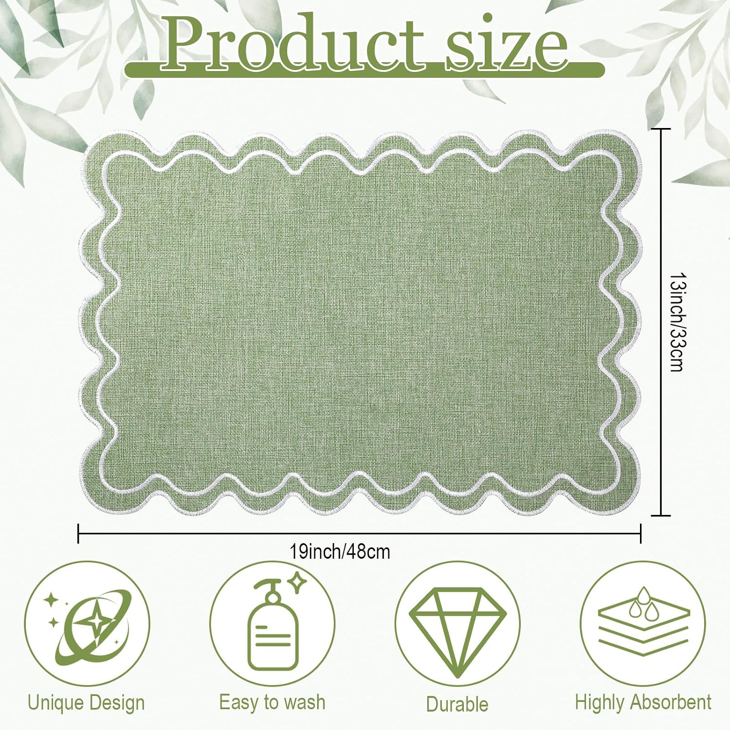 HunnmingRe Sage Green with White Set of 6 Cotton Linen Wedding Placemats, 13x19 Inch Scalloped Wavy Embroidery Placemat