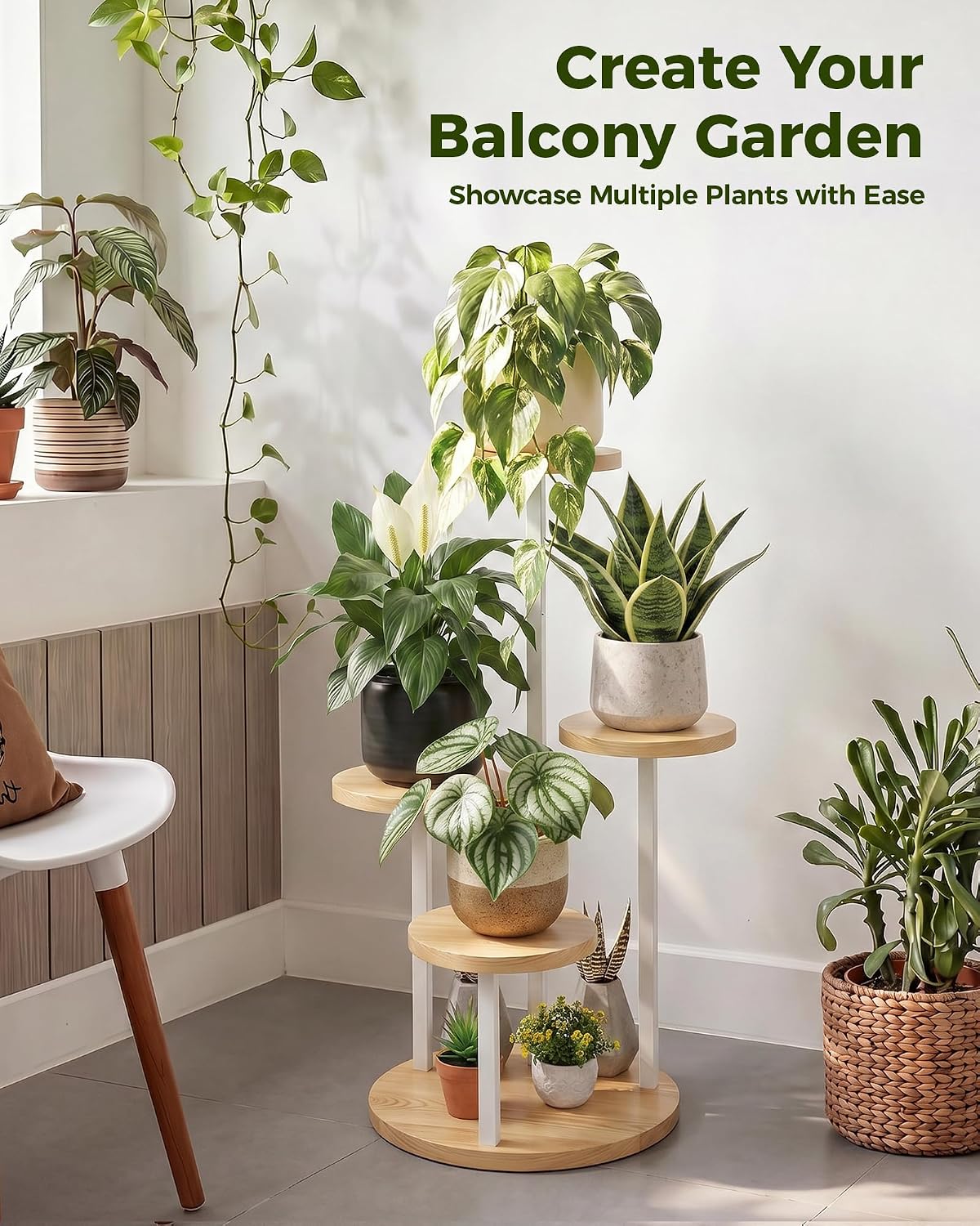 Bamworld Plant Stand Indoor Wood Plant Stand 4 Tier White | plant holders for Multiple Plants Tall Corner Plant Stands