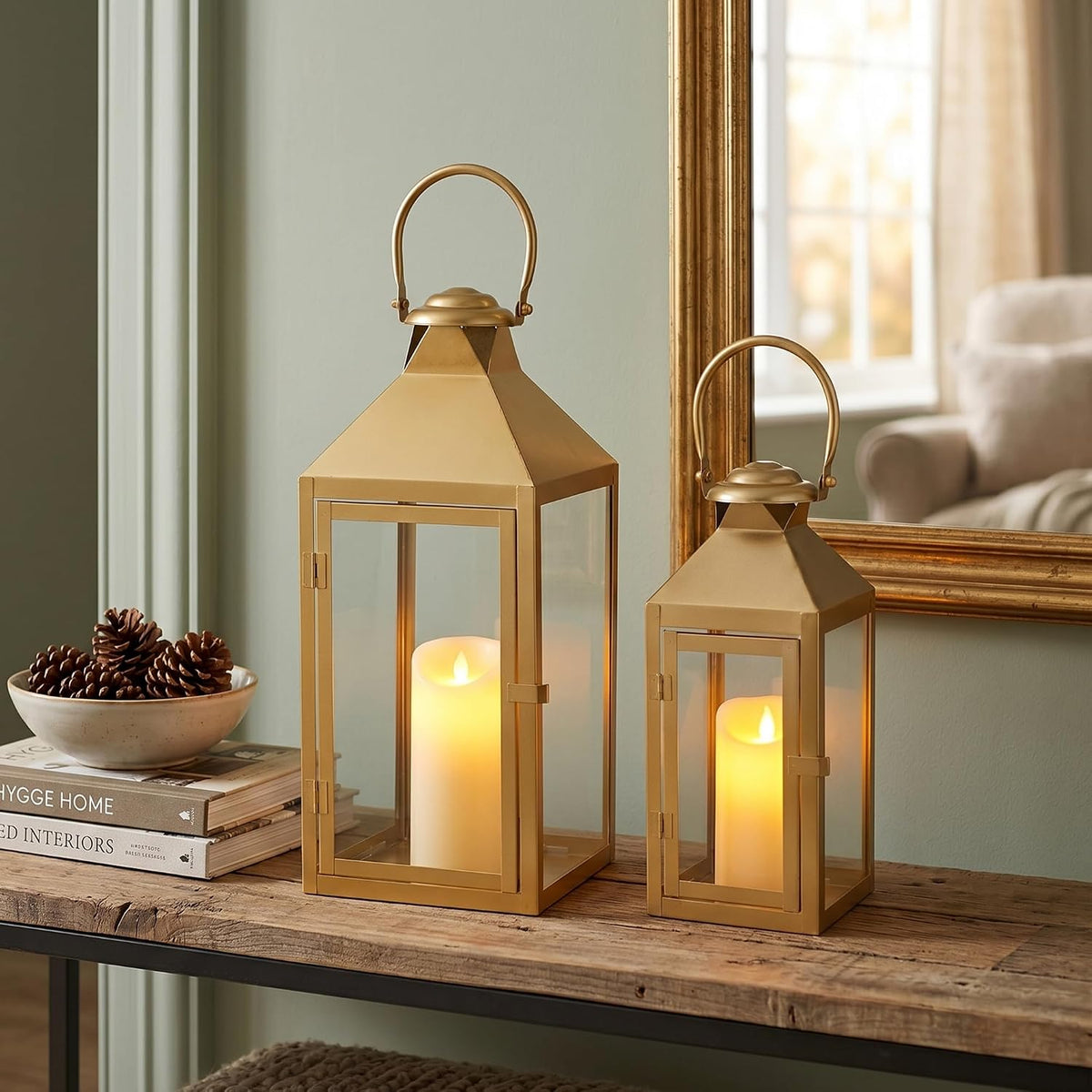 JHY DESIGN Set of 2 Gold Decorative Candle Lanterns 17.5"&13.5" H Metal Hanging Candle Holders for Indoor Outdoor Home