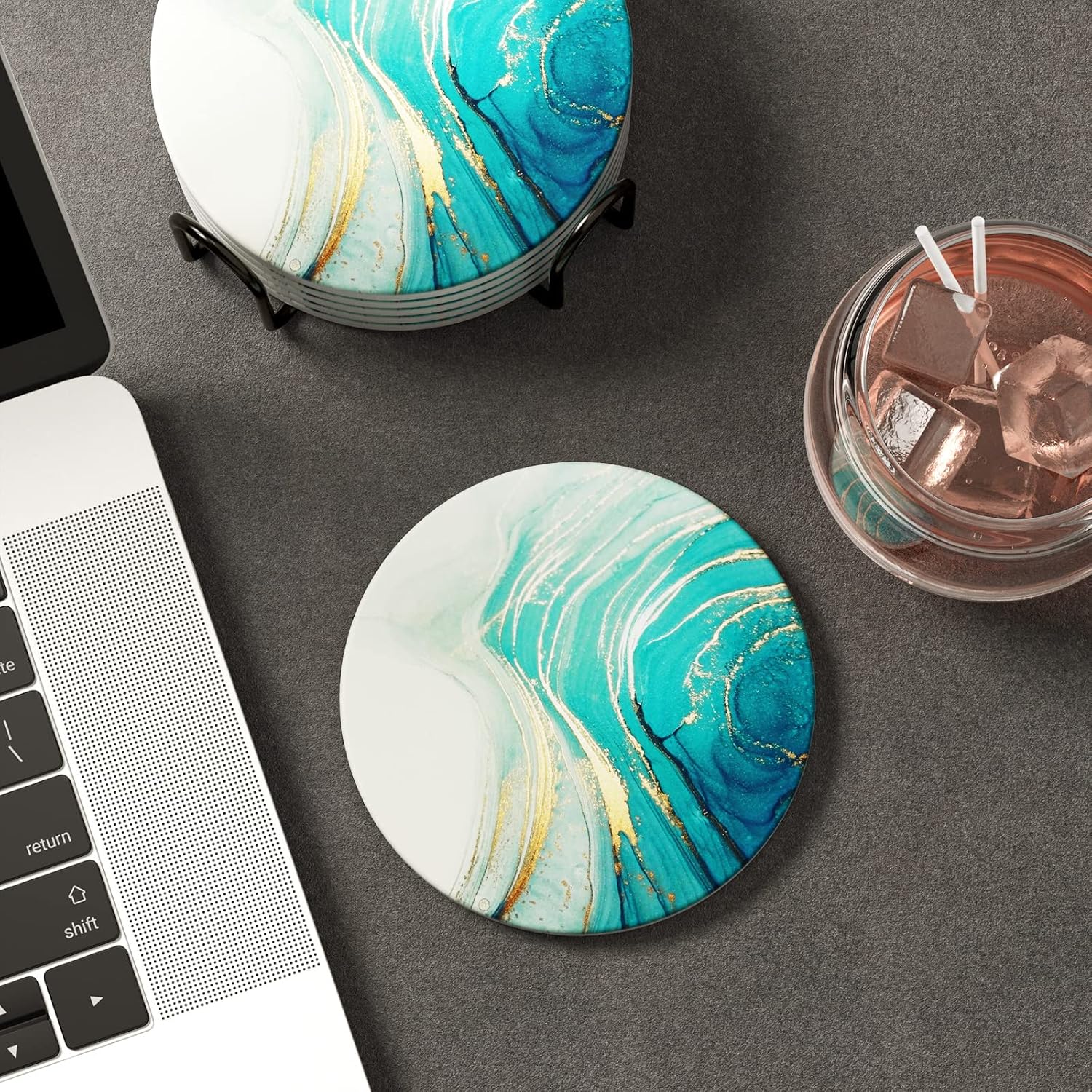 Holder and Cork Base / Luxury Gold Teal Ocean / Set of 6