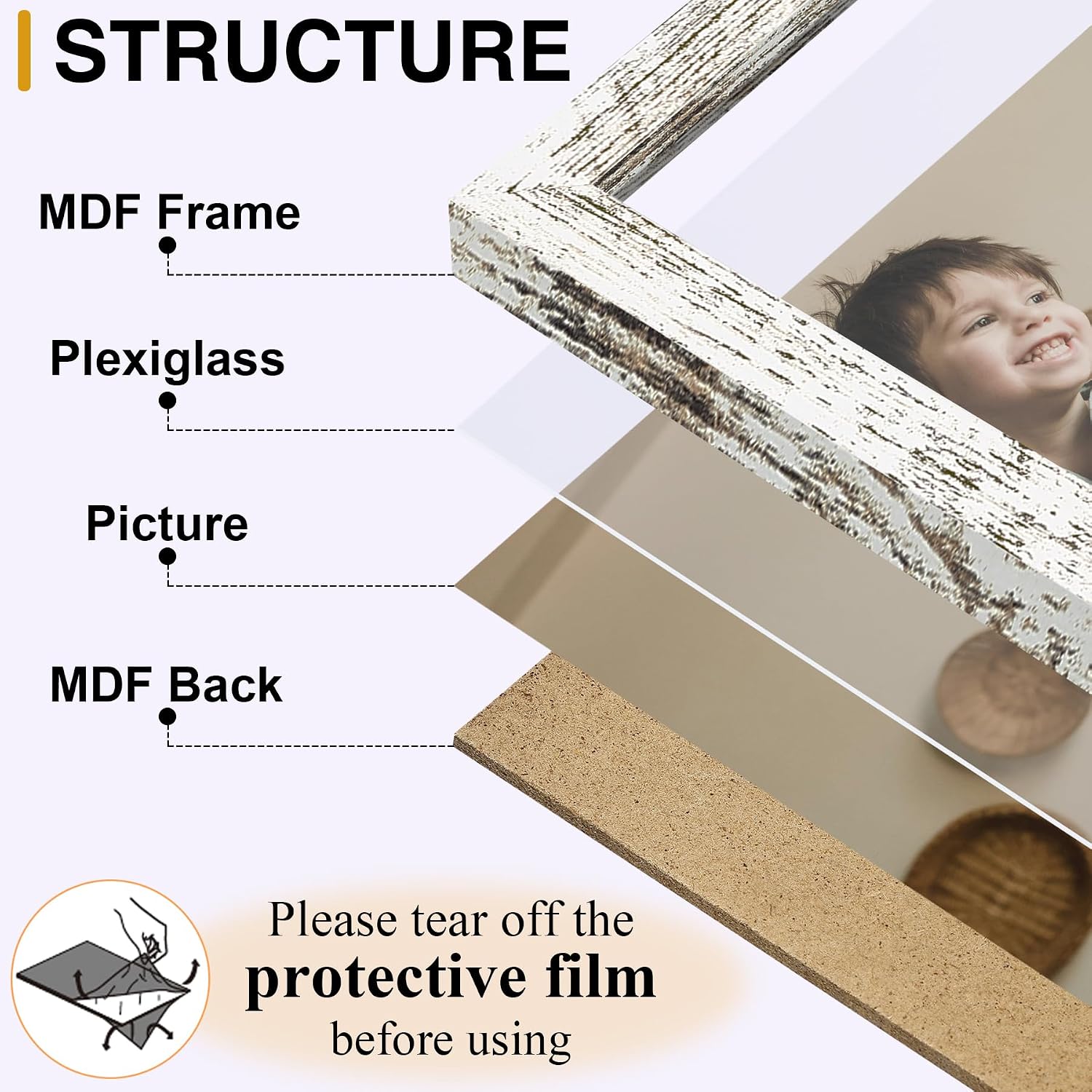 decorUhome Distressed White Triple 7x5 Picture Frame Horizontal, MDDW08 | "Z" Shape Folding Design Engineered Wood