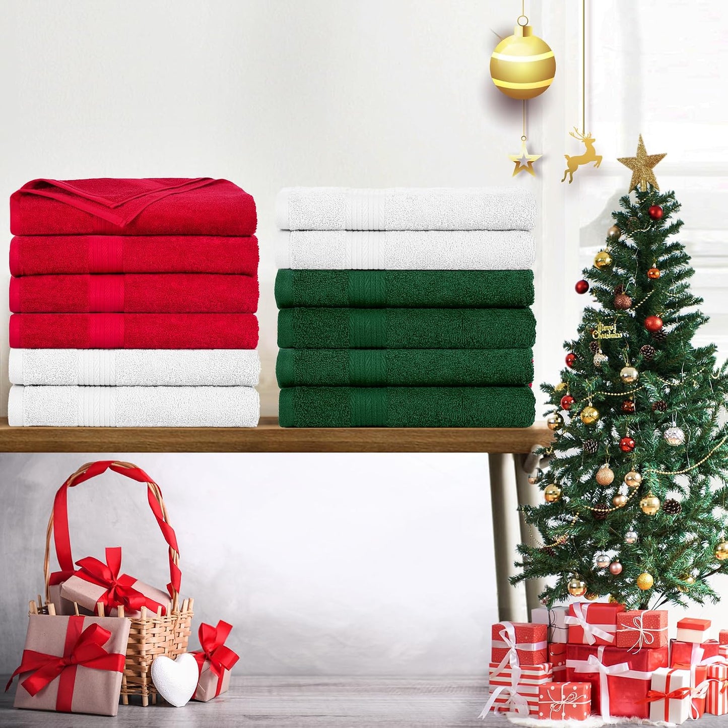 100% Cotton Hand Towels 18x28 Inches, 600 GSM, Soft & Absorbent, Set of 12, White, Red & Green