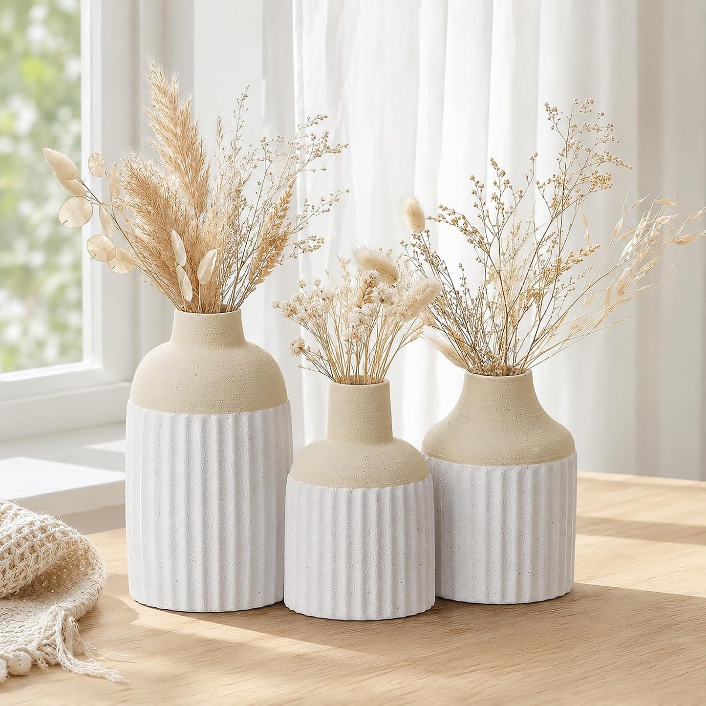 Modern Boho Style Ribbed Ceramic Bud Vases for Flowers / Beige White / Set of 3