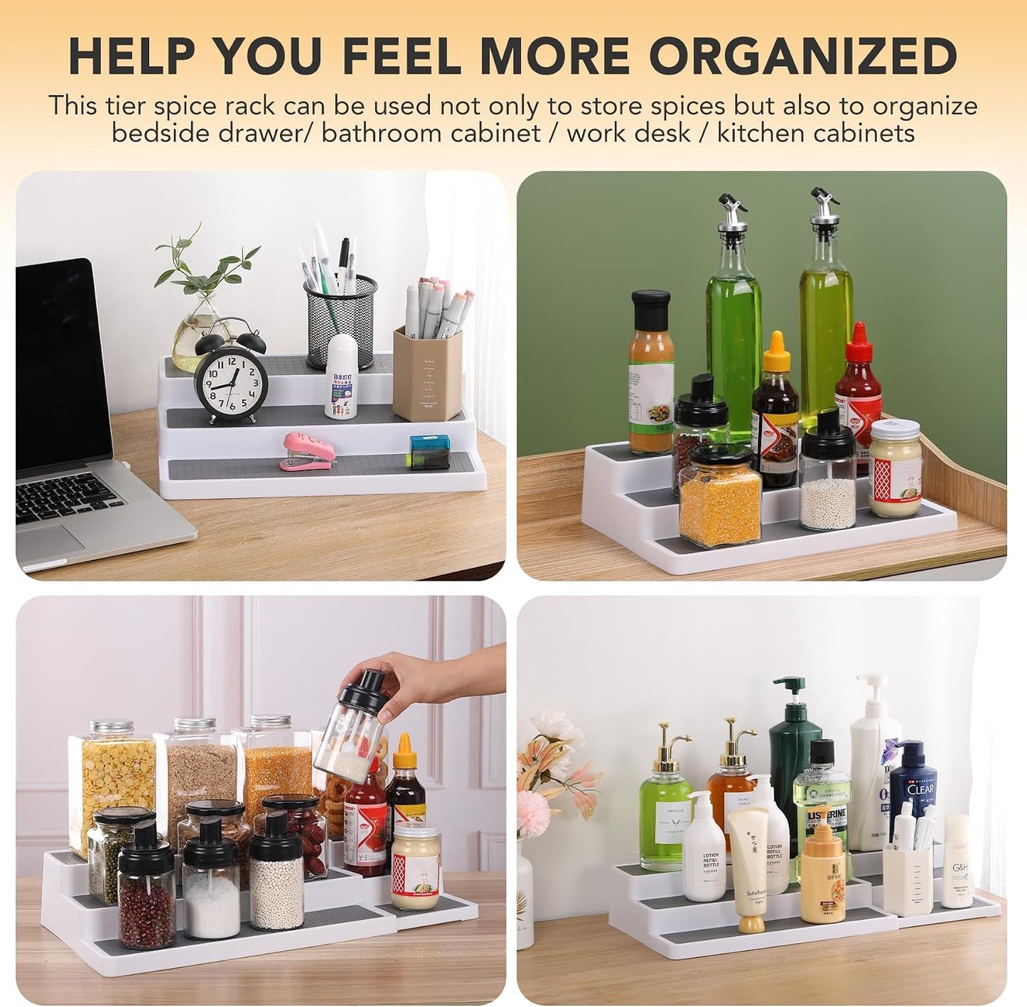 CiWiVOKi 3 Tier Expandable Spice Rack Organizer, Plastic Spice Rack, Adjustable Length 14.6In-25.8In, Non-Skid Tiered