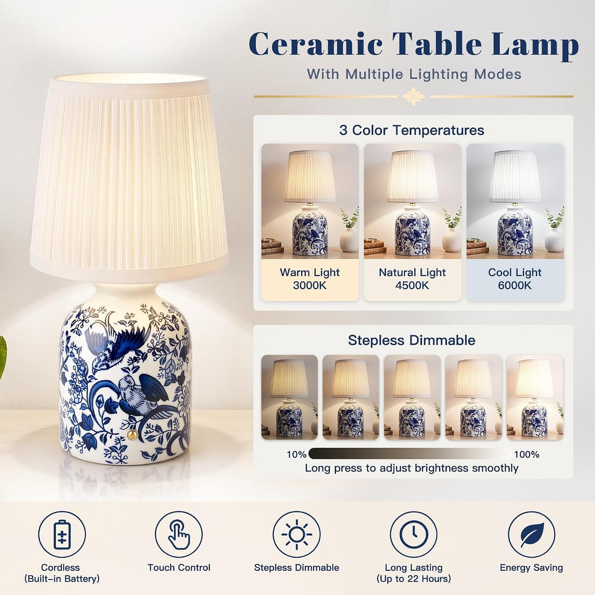 ShineTech Rechargeable Cordless Small Ceramic Table Lamps Set of 2, Blue
