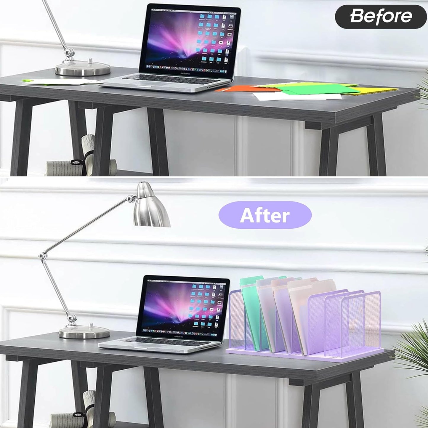 Kuntine.B 7-Section Upright Desk File Organizer Purple 1 Pack | Vertical, Mesh, Metal, Assembly, Stability, Sturdiness