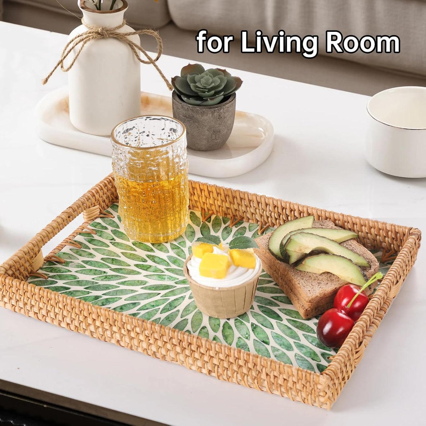 Rattan Serving Tray / Green Leaf