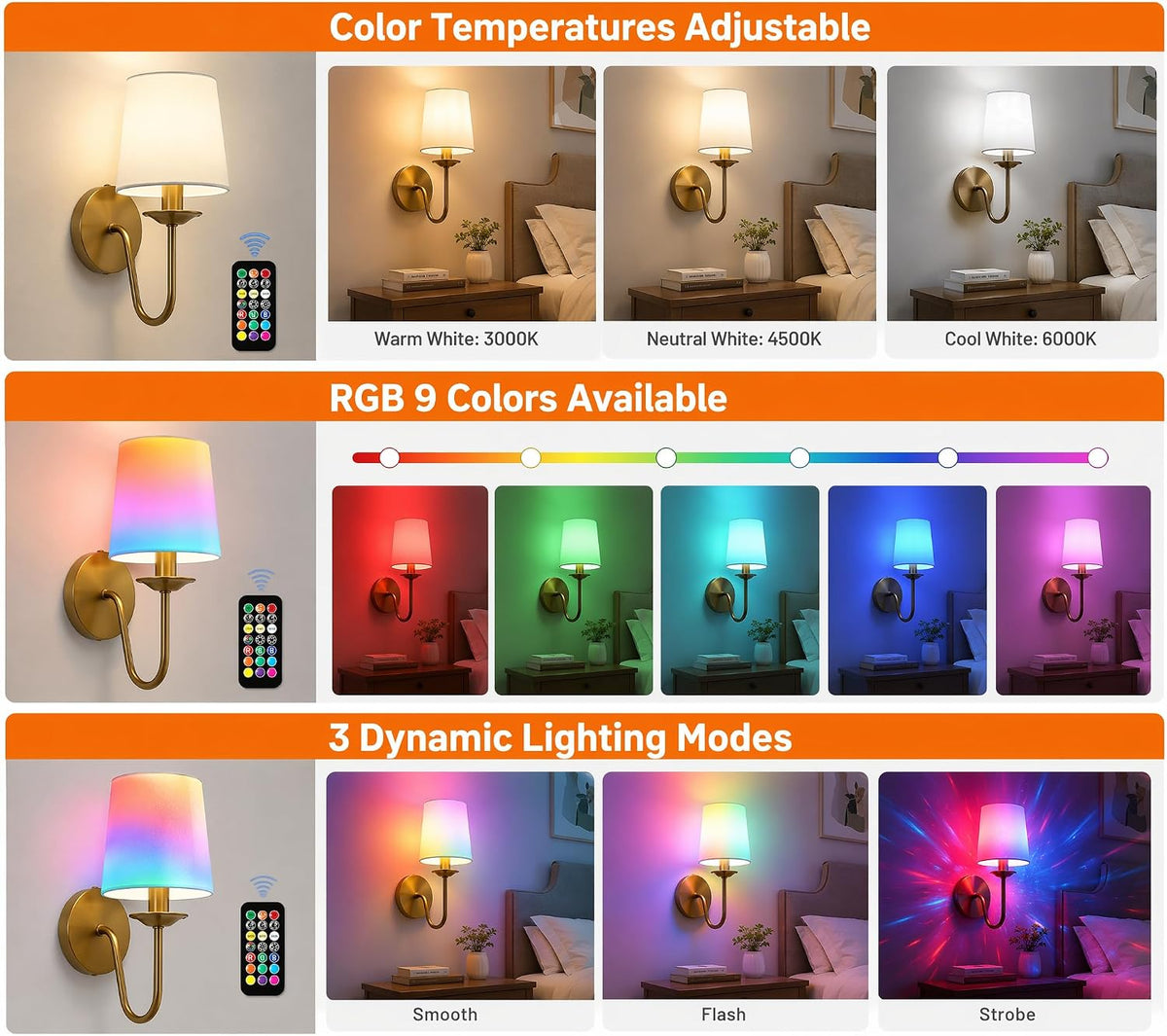 Rechargeable Wall Sconces Set of 2, 10000mAh Magnetic LED Bulb Wall Lights, 9 RGB Colors 3 CCT Dimmable, Battery