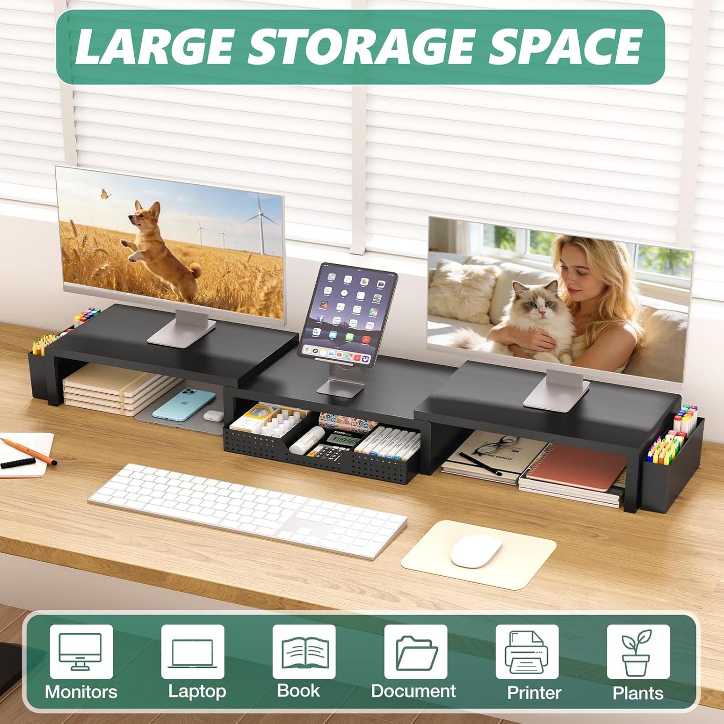 Desk Organizer and Accessories, Dual Computer Monitor Stand Riser with Drawer and 2 Pen Holders, Laptop Stand, Office