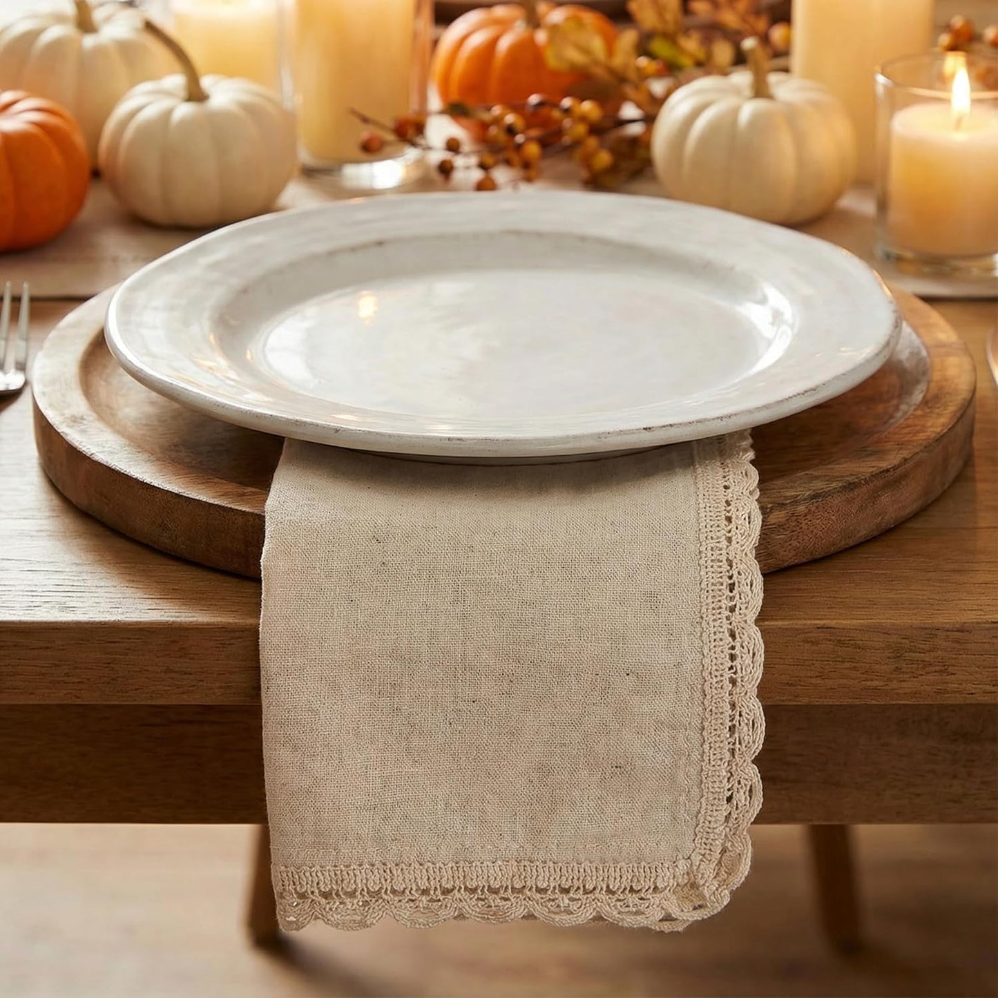 Set of 12 Flax Lace Cloth Napkins 20x20 Inch - Natural | Premium Linen Cotton Reusable Dinner Napkin for Wedding