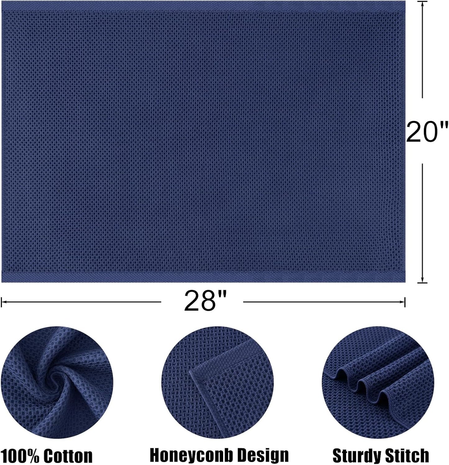 Kitinjoy 100% Cotton Waffle 4-Pack Kitchen Towels, 20" x 28", Navy Blue | Super Soft, Ultra-Absorbent, Fast Drying