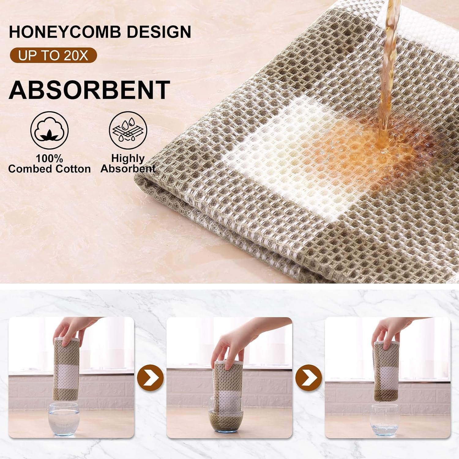 Mordimy Cotton Waffle Dish Cloths, 12"x 12", 12 Pack, Khaki & White | Super Soft and Absorbent Quick Drying Buffalo