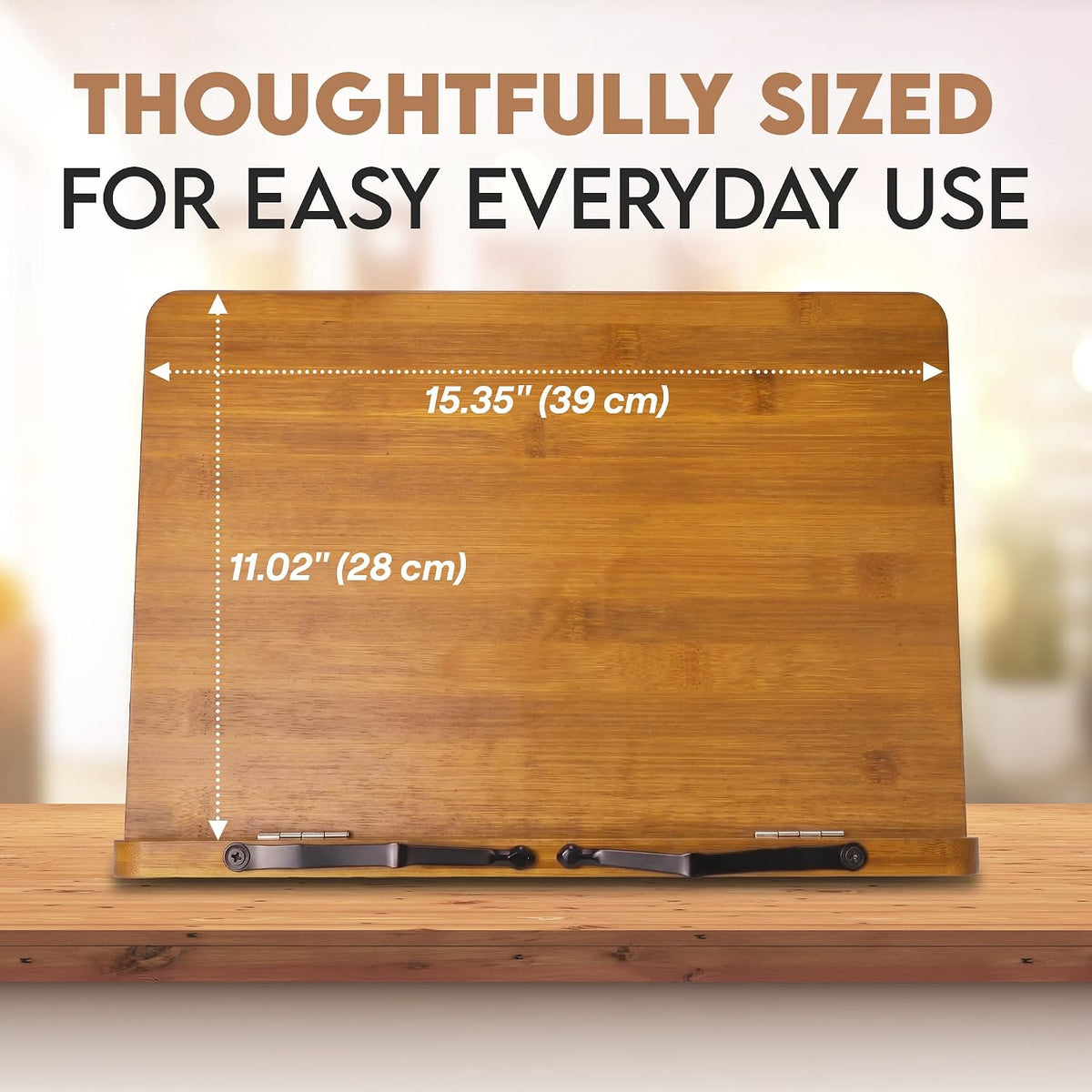 Bamboo Cookbook Stand Large, Adjustable Book Holder Tray and Page Paper Clips - Natural Color Large - 4-Position Recipe