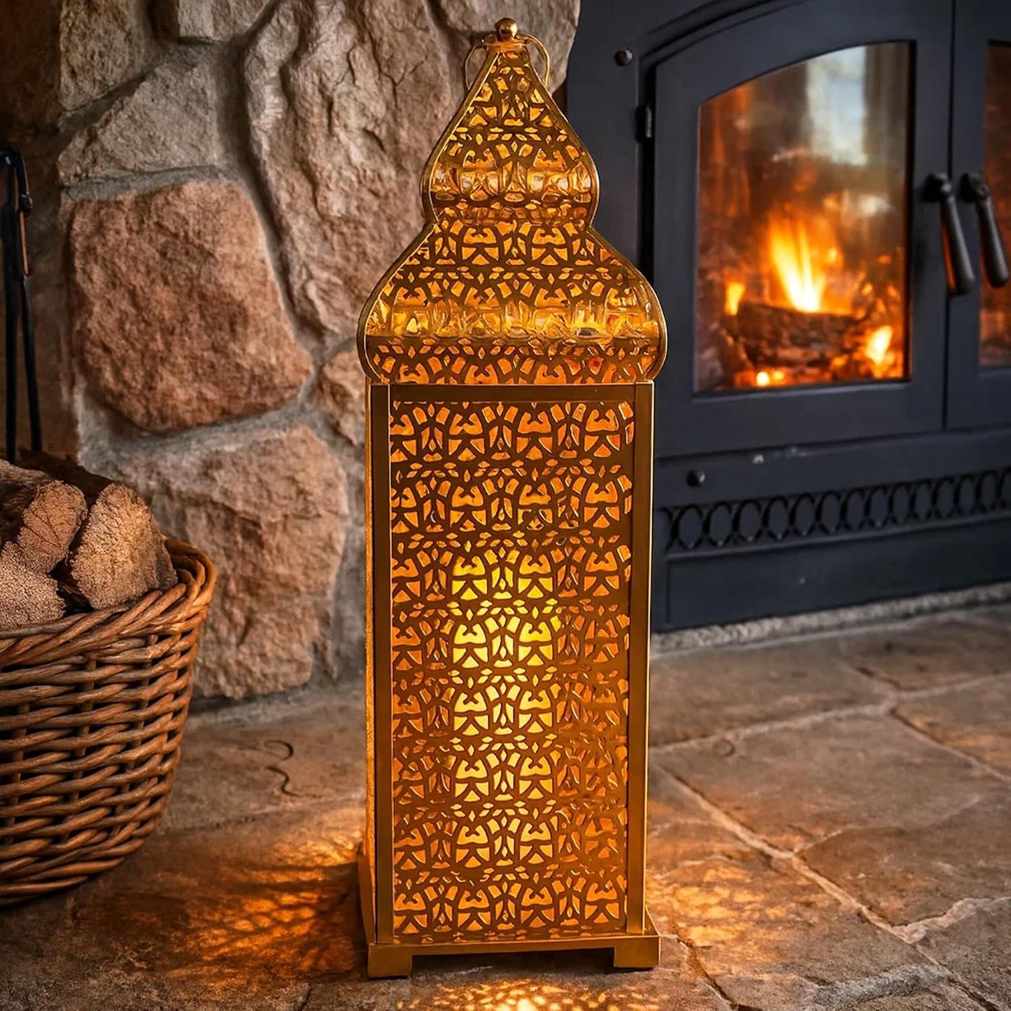 Vela Lanterns Decorative Indoor Tall Moroccan Floor Candle Holder, Gold, XL | Ramadan Decorations for Home, Extra Large