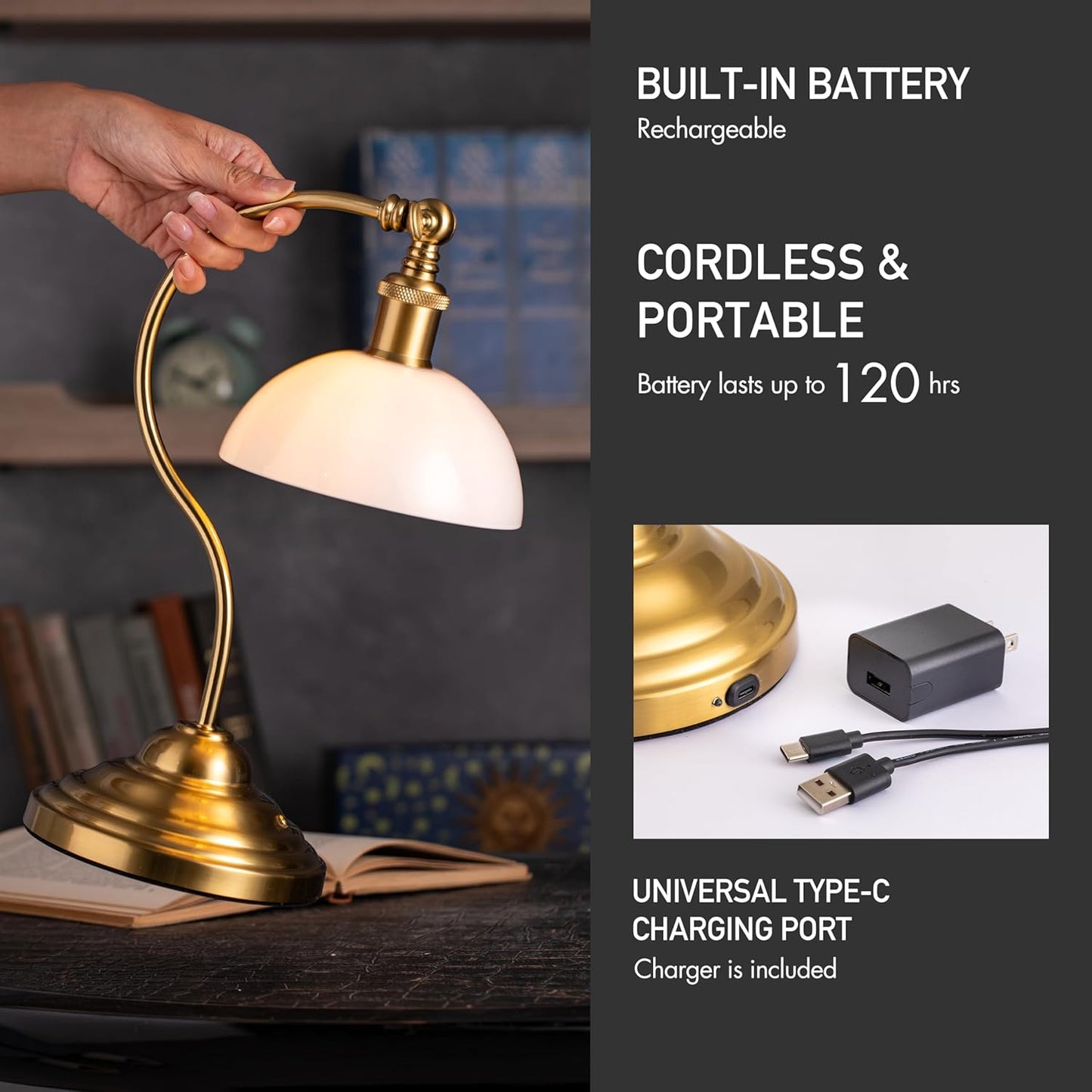 O'Bright Bankers - Cordless LED Table Lamp, Battery-Operated, Rechargeable, 3-Level Dimming, Universal USB-C Charging