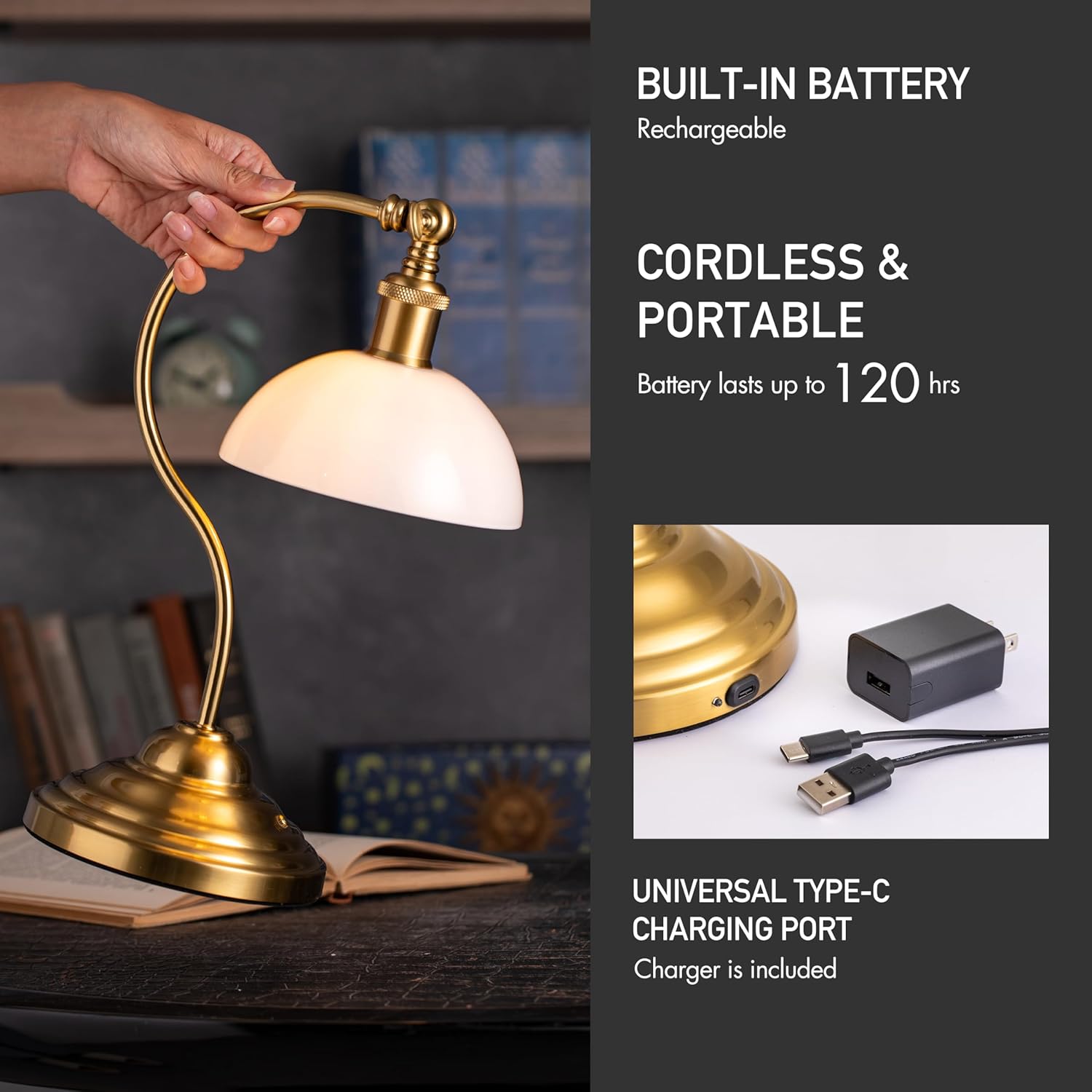 O'Bright Bankers - Cordless LED Table Lamp, Battery-Operated, Rechargeable, 3-Level Dimming, Universal USB-C Charging