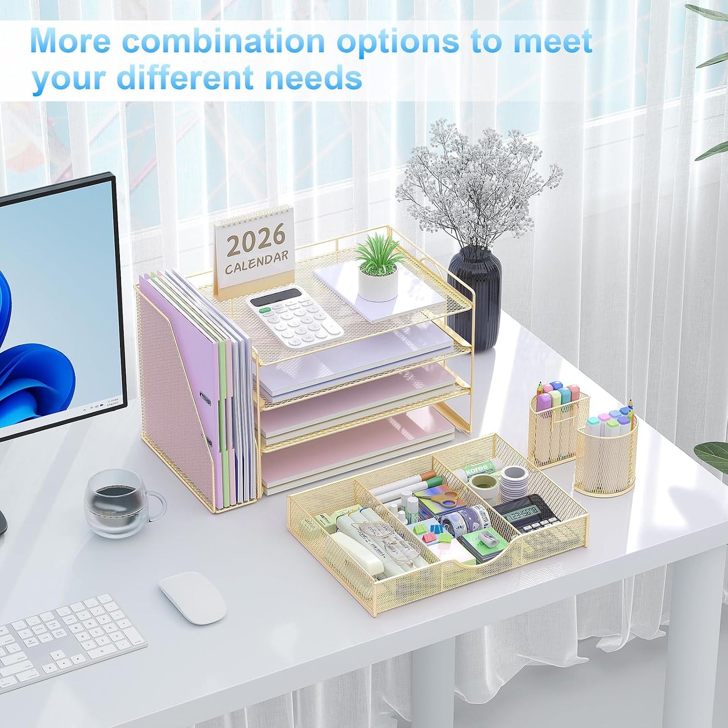 gianotter Desk Organizers and Accessories with File Holder, 4-Tier Desk Accessories & Workspace Organizers with Drawer