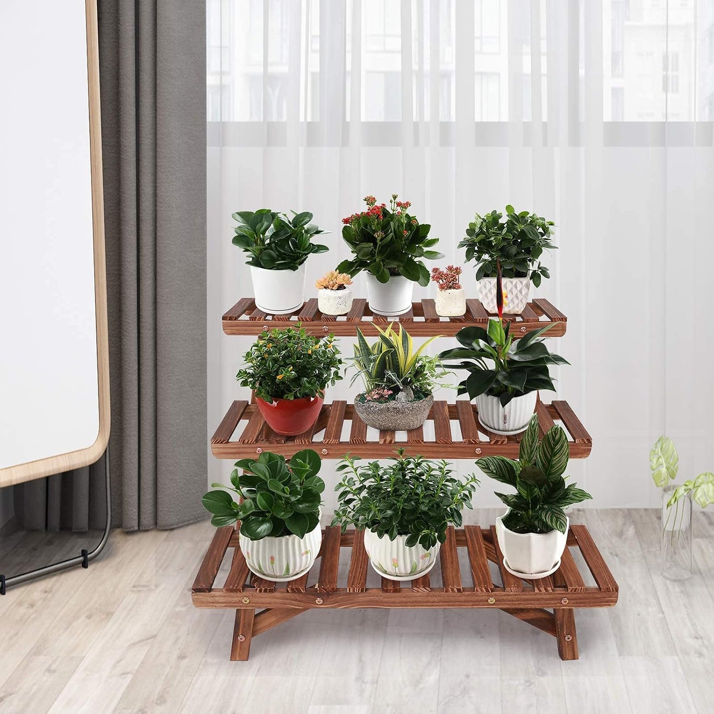 Ufine 3 Tier Ladder Plant Shelf Wood Plant Stand for Indoor Outdoor | Set of 3 Freestanding Plant Display Rack Flower