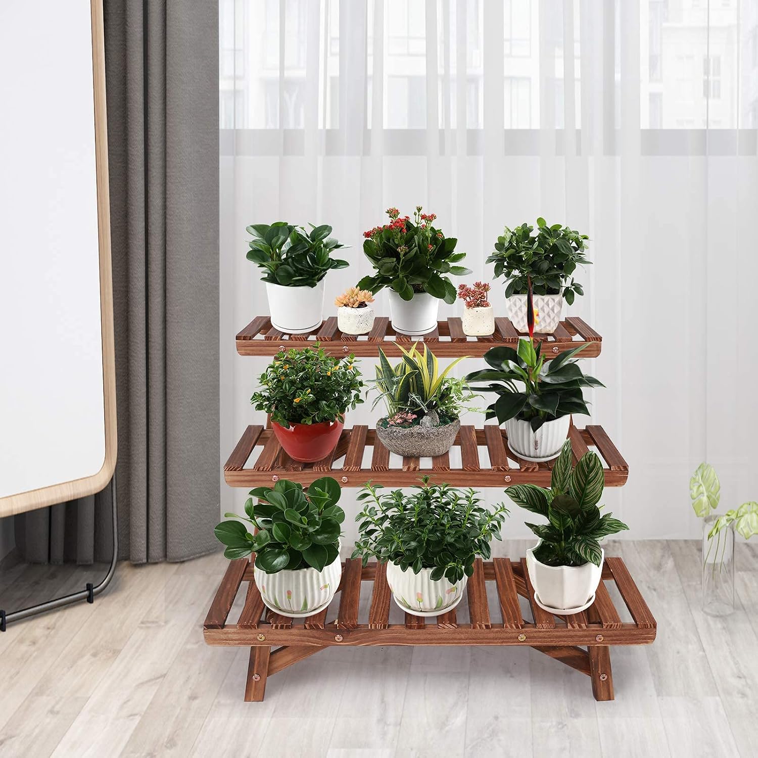 Ufine 3 Tier Ladder Plant Shelf Wood Plant Stand for Indoor Outdoor | Set of 3 Freestanding Plant Display Rack Flower