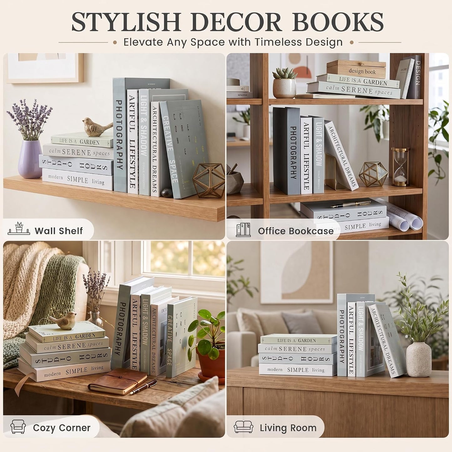 Faux Book Storage Boxes / Sage-beige / 9 Books / Set of 9
