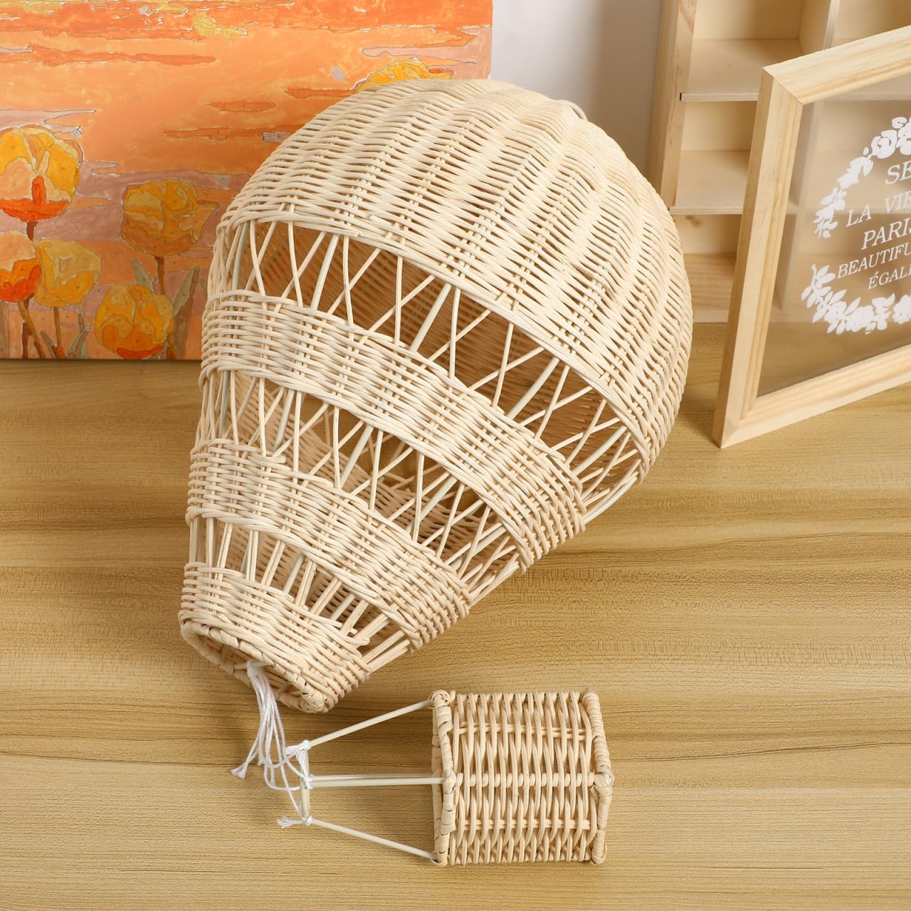 Rattan Woven Hot Air Balloon Decor In Hanging Wall Ornament for Kids / Natural / 13.38 x 9.84 x 2.36