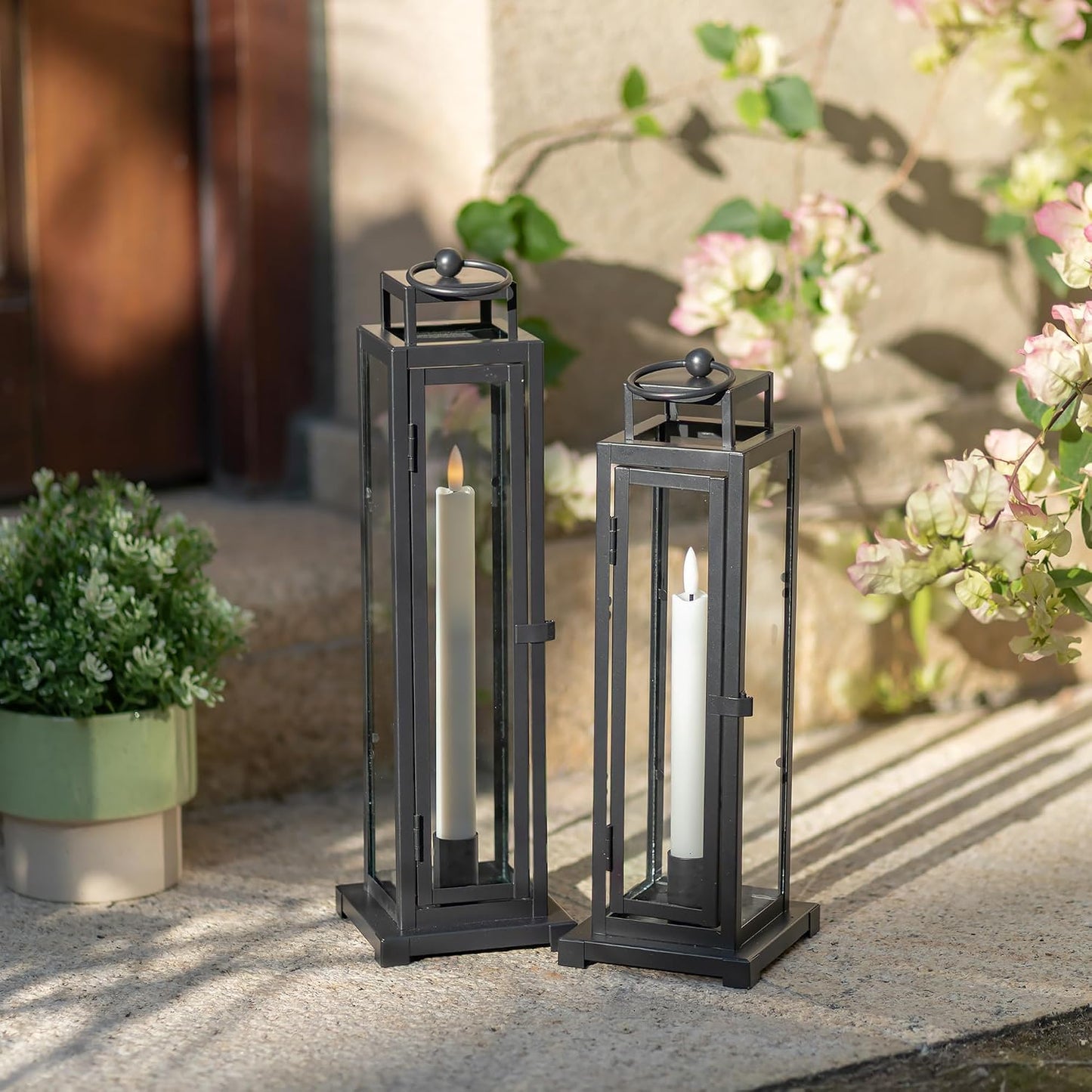 Black Lantern Decorative Indoor, with LED Taper Candles | 15" & 13", with Glass, Waterproof Outdoor Metal Lanterns, Set