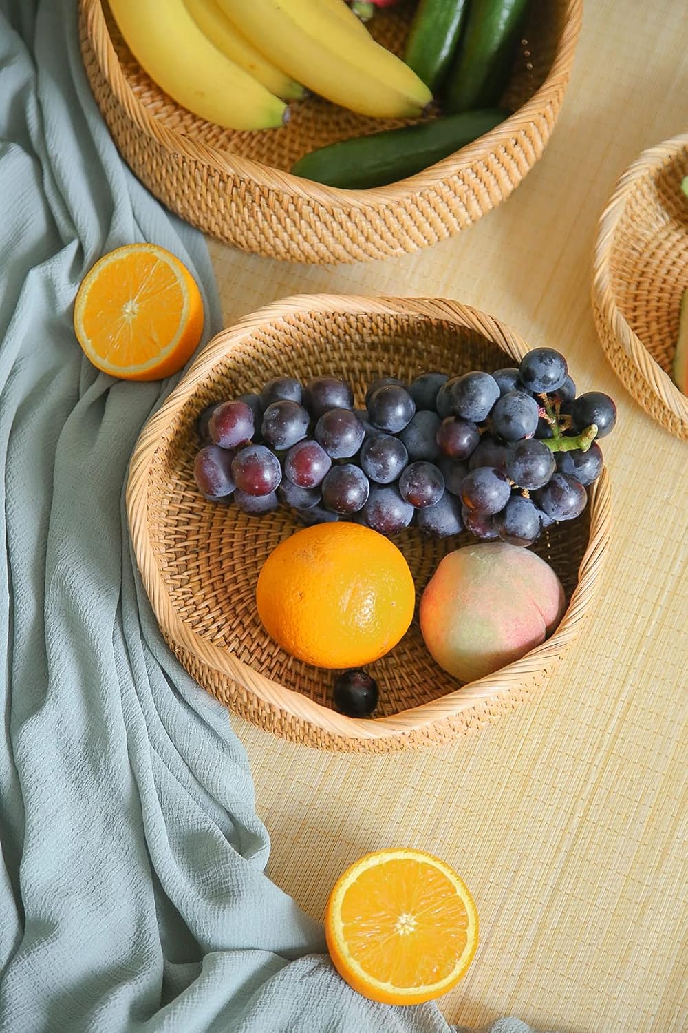 Handmade Rattan Bread Baskets Round Wicker Fruit Serving Storage Bowls / Medium / Natural