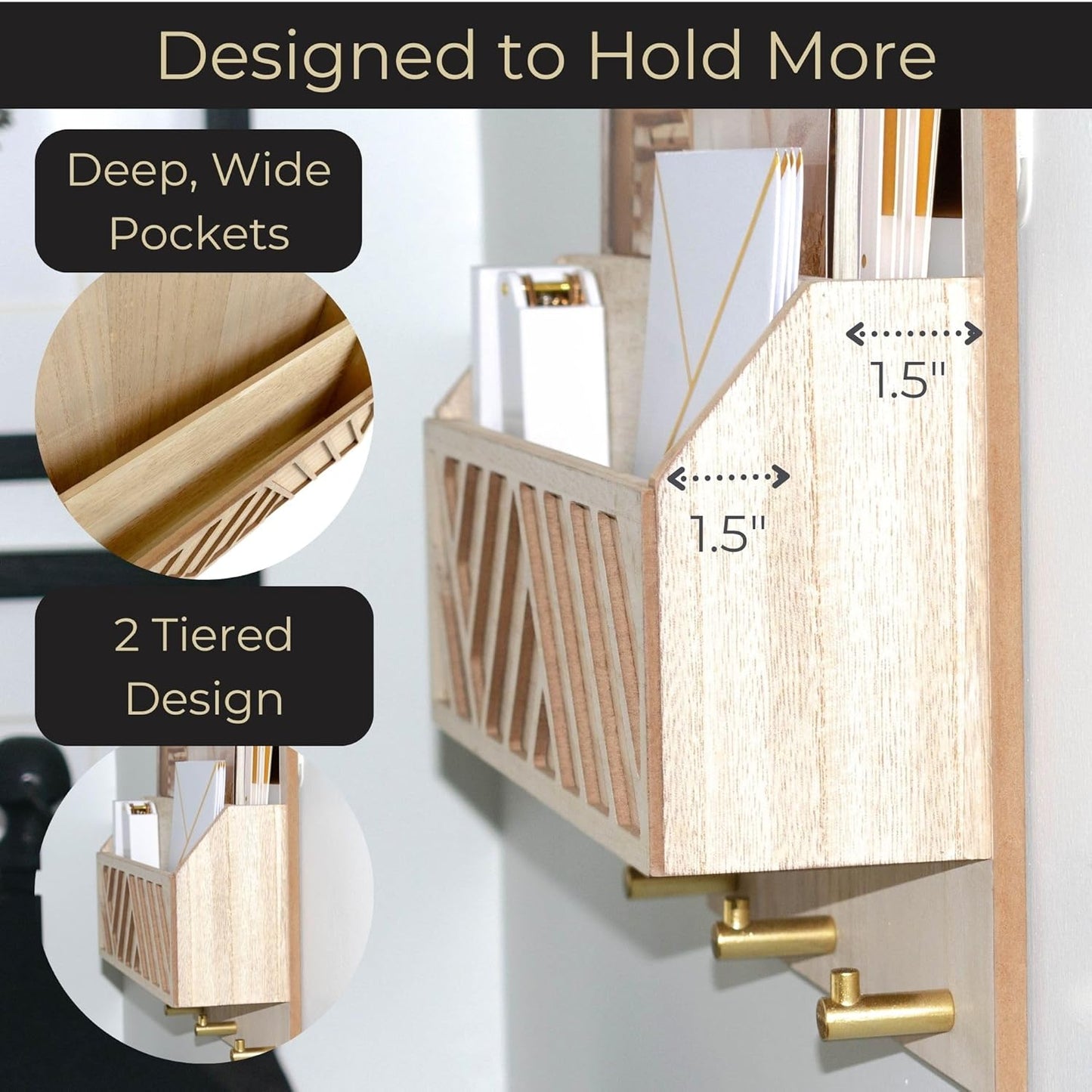 3 Hooks / 2-Tier Letter Organizer / Natural Wood