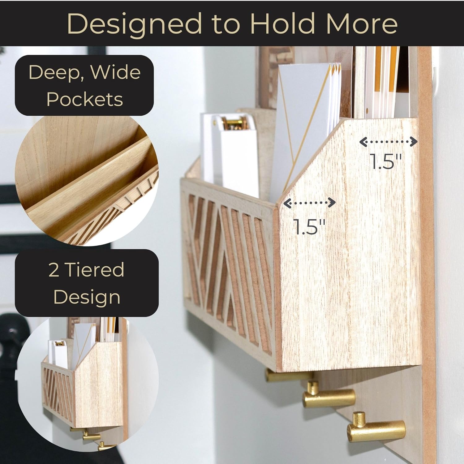 3 Hooks / 2-Tier Letter Organizer / Natural Wood