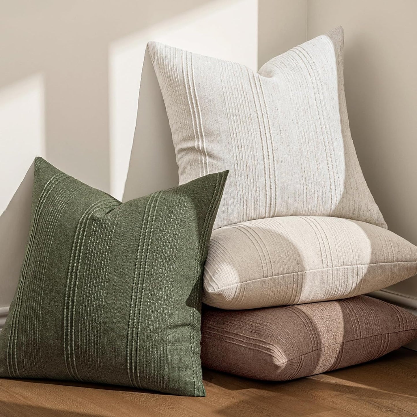 Striped Throw Pillow Covers Decorative Textured Pillow Covers / 18 x 18 / Natural Beige / Set of 2