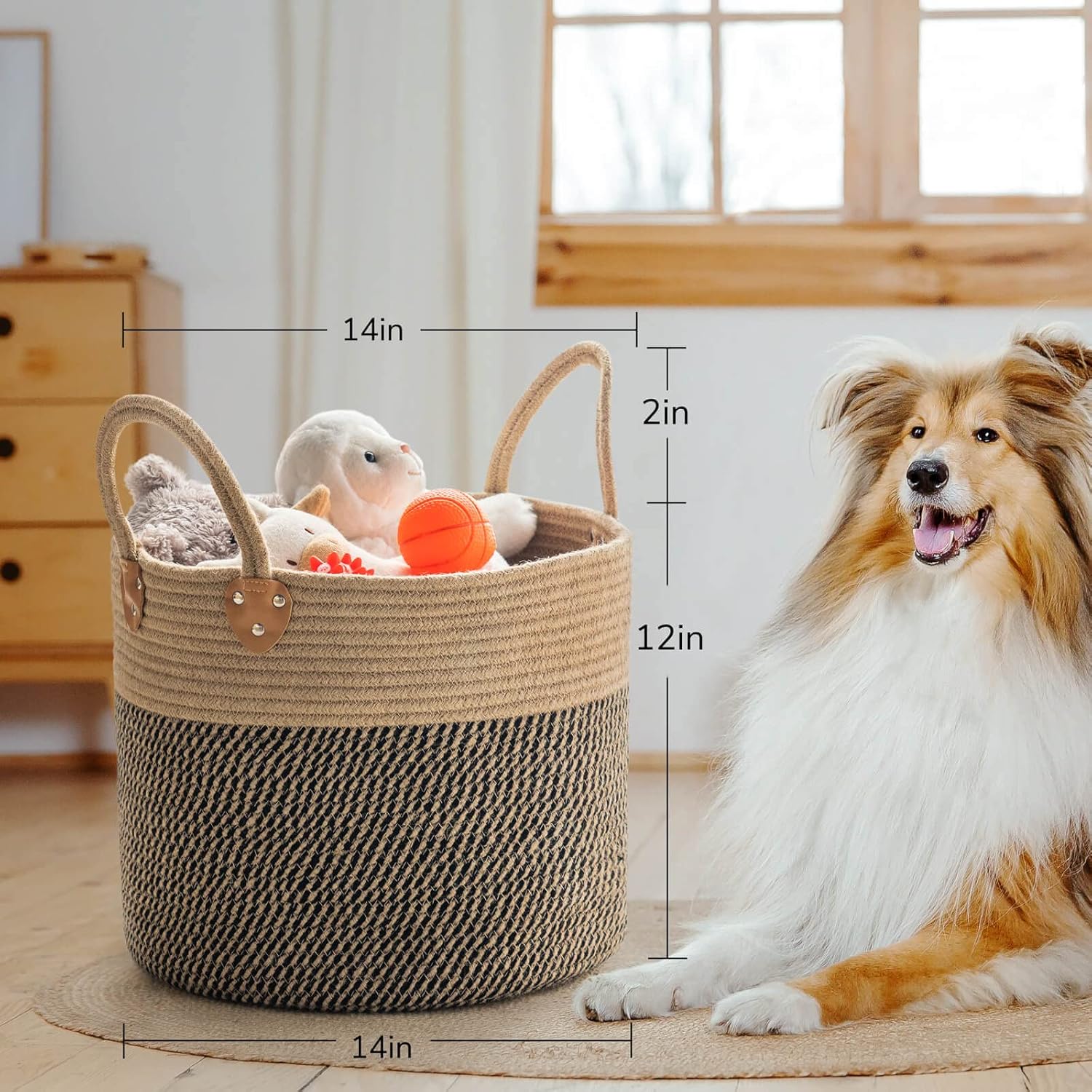 Wicker Laundry Basket / Black / 14"W x 12"H