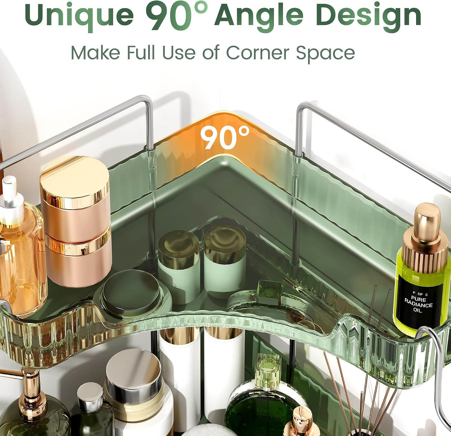 3-Tier Green Corner Organizer, PET Counter Storage with Hooks | Multi-Surface Organizer for Bathroom Vanity & Kitchen