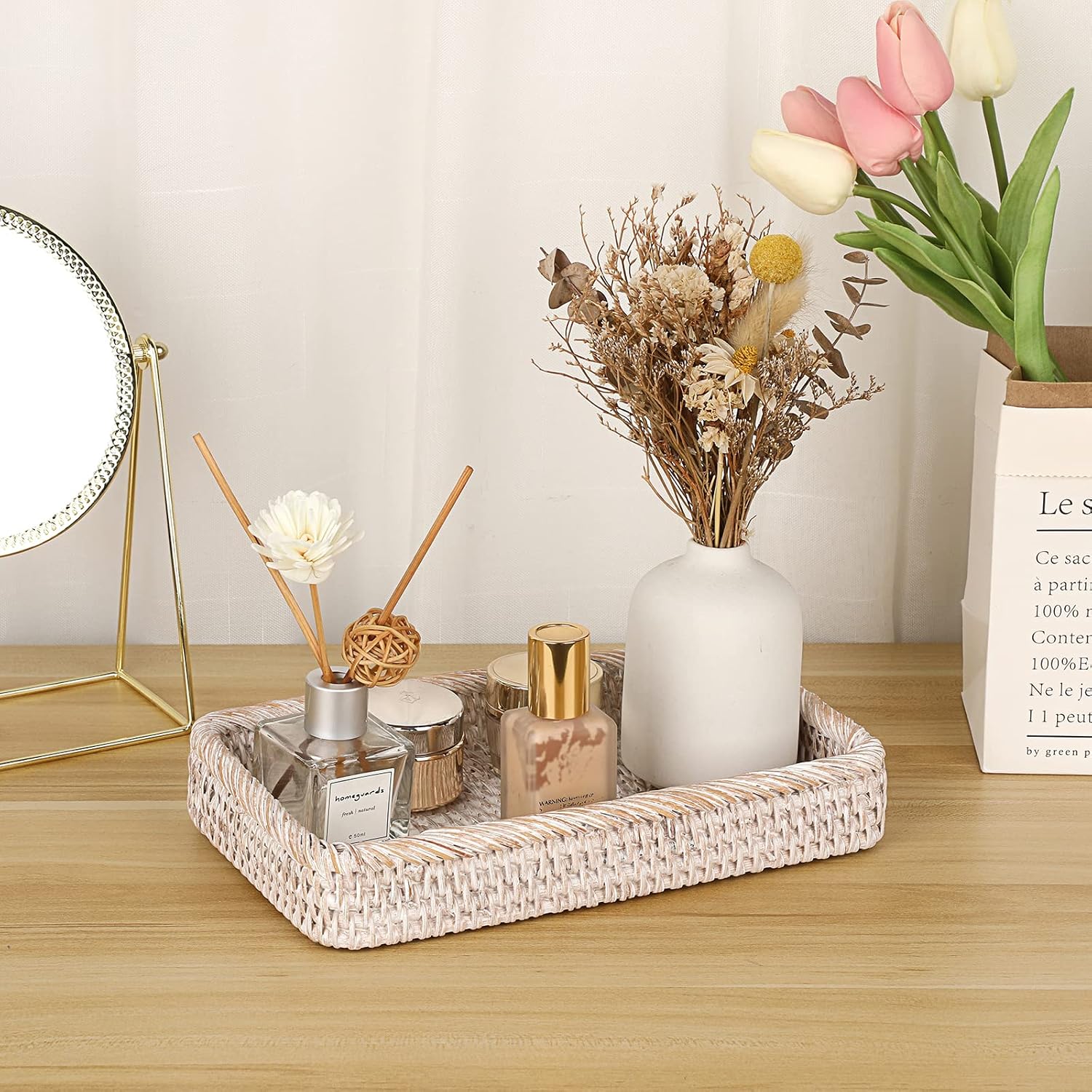 Rattan Bathroom Vanity Tray / White / 10 x 6.1 x 1.8