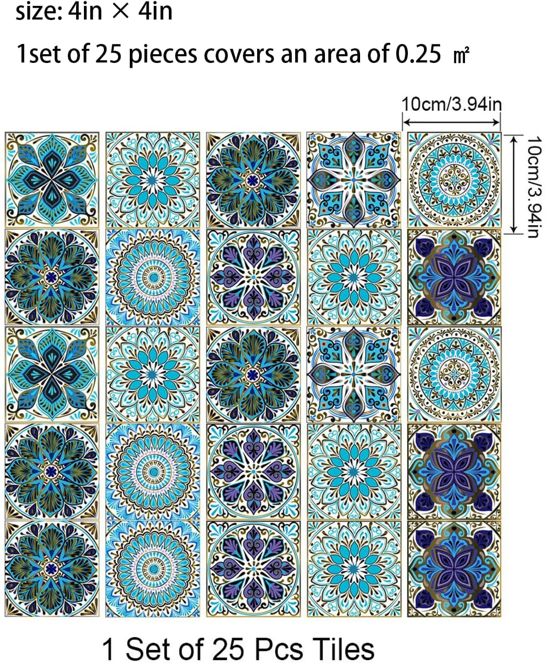 Mandala Style Tile Sticker / Mtl-01 / 4 x 4 / Set of 25
