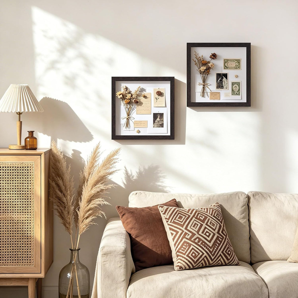 12x12 Brown Wooden Shadow Box Frame, 1.2" Deep, Tempered Glass | Black Backboard, Tabletop & Vertical/Horizontal Wall