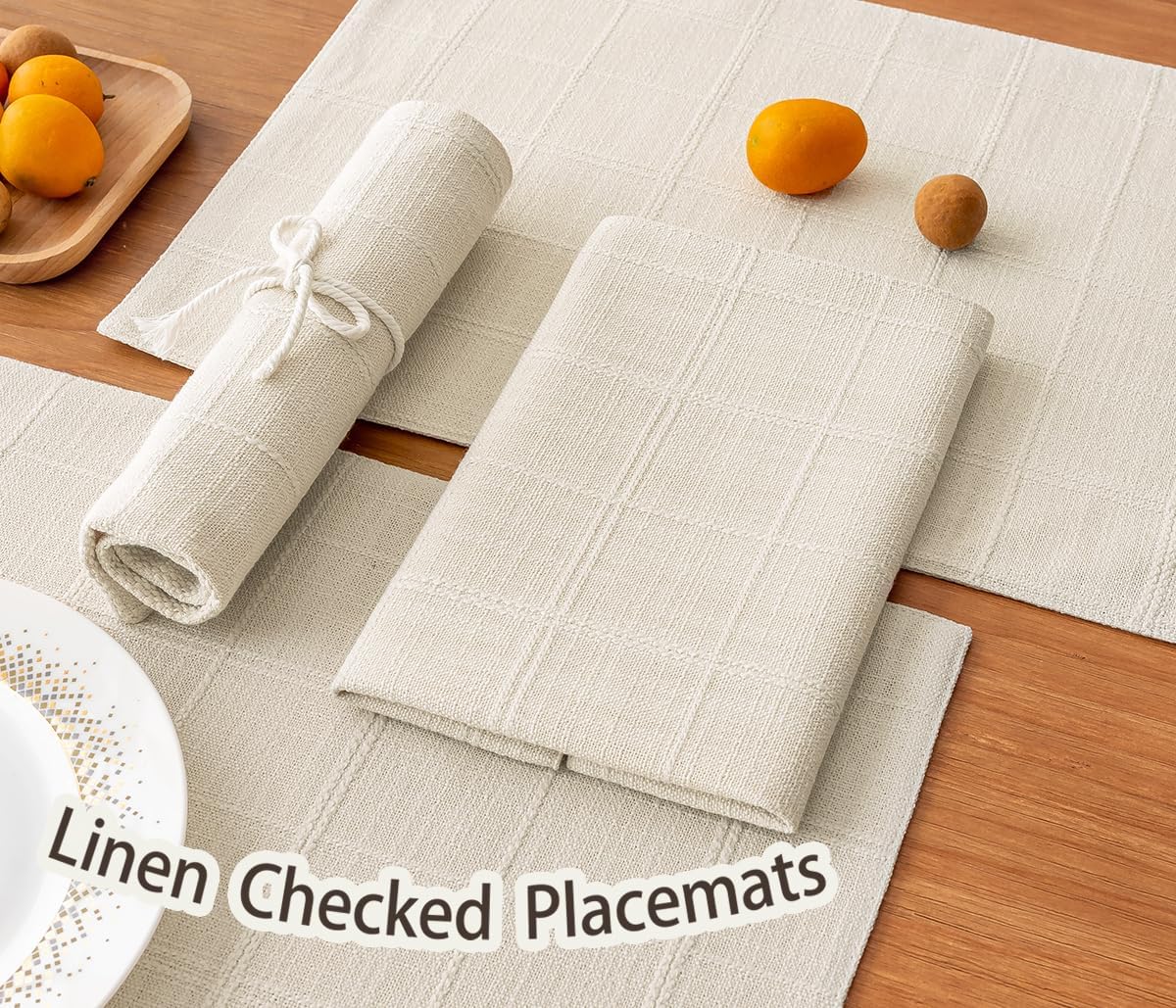 Linen Checked Placemats Set of 6, Ivory Rustic Place Mats 12x18 Inch | Raised Grid Embroidery Design, Machine Washable