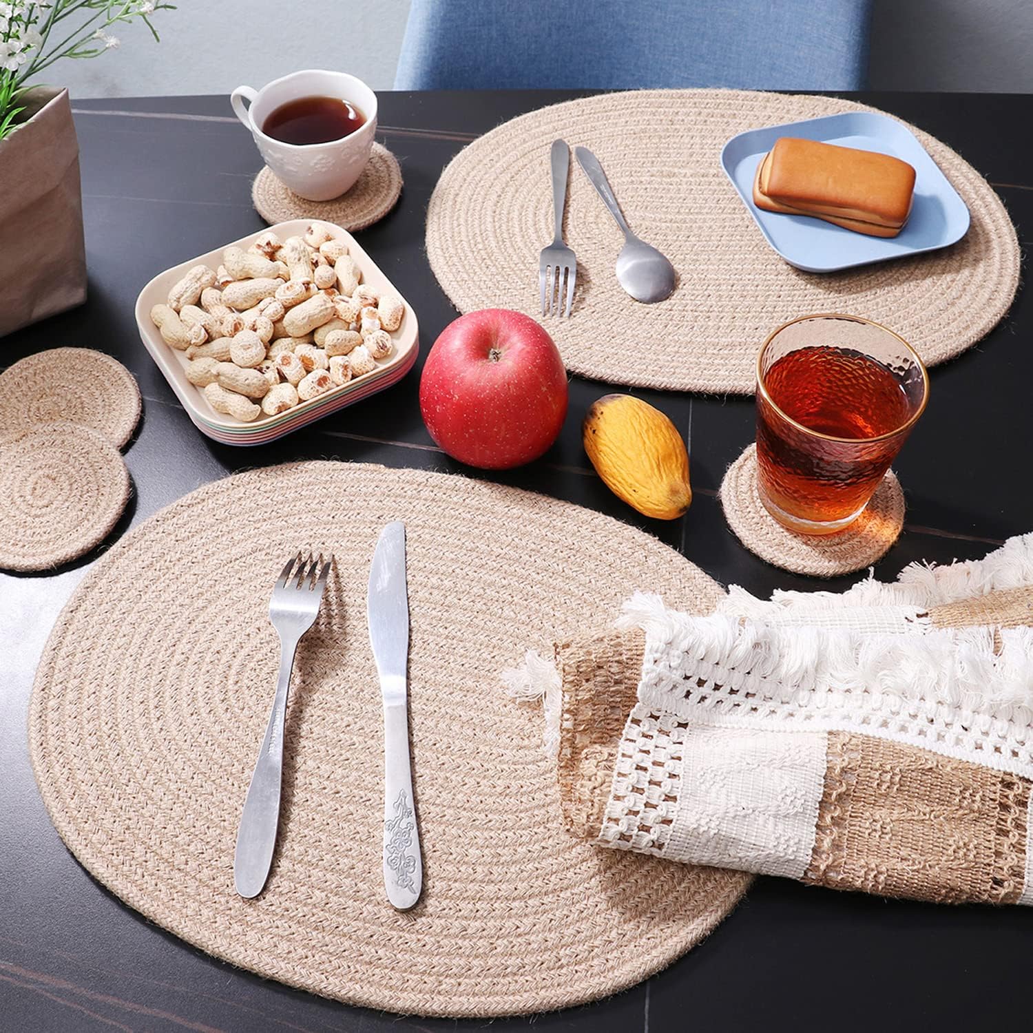 Jute Woven Oval Placemats Set of 6, Brown Plate Charger 12x16 inches Jute Heat Resistant Non-Slip Weave Place mats