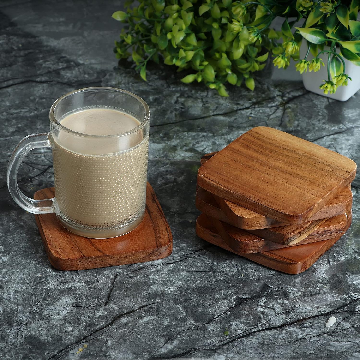 Acacia Wood Handcrafted Square Coasters / Set of 6
