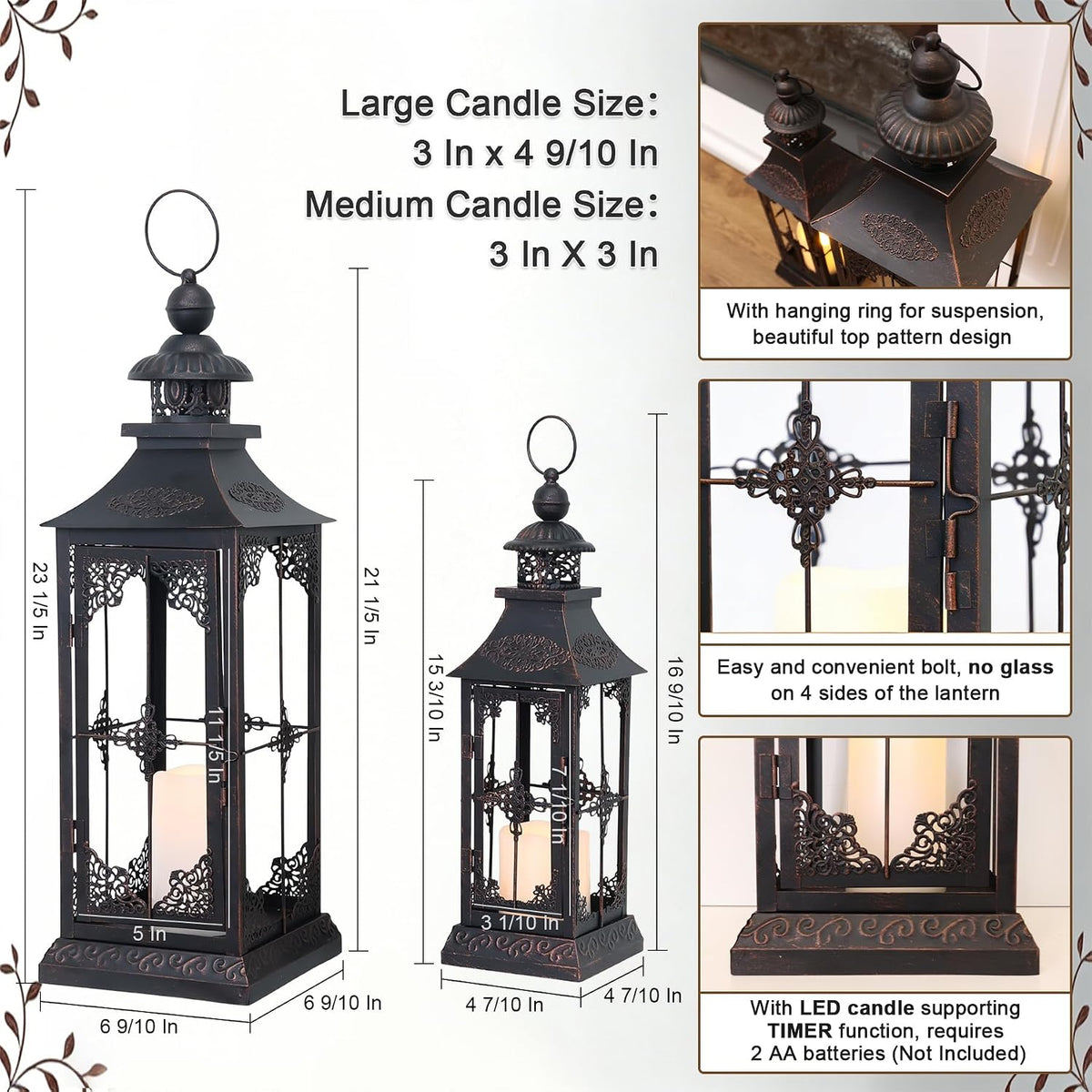 LED Lanterns Decorative Outdoor&Indoor, 23'' 16‘’ Large Black Lanterns with 2 Flameless Candles, Metal Holders for