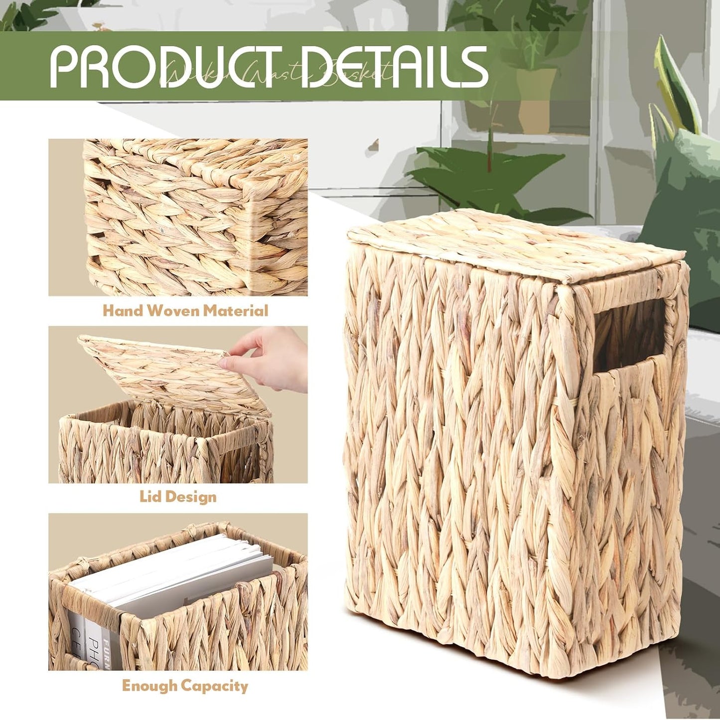Lid for Small Bathroom Tall Narrow Water Hyacinth Handwoven Waste Basket / 3 Gallon / Natural