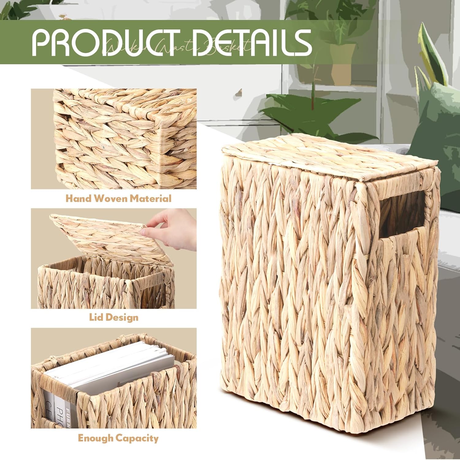 Lid for Small Bathroom Tall Narrow Water Hyacinth Handwoven Waste Basket / 3 Gallon / Natural