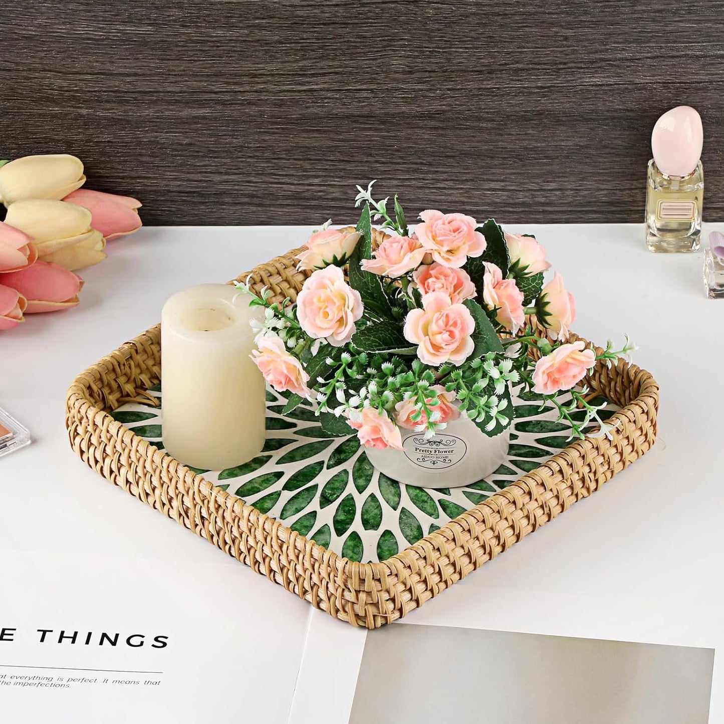 Woven Key Basket for Entryway Table Wicker Basket Tray Key Holder / 8.3 x 8.3 x 1.6 / Green